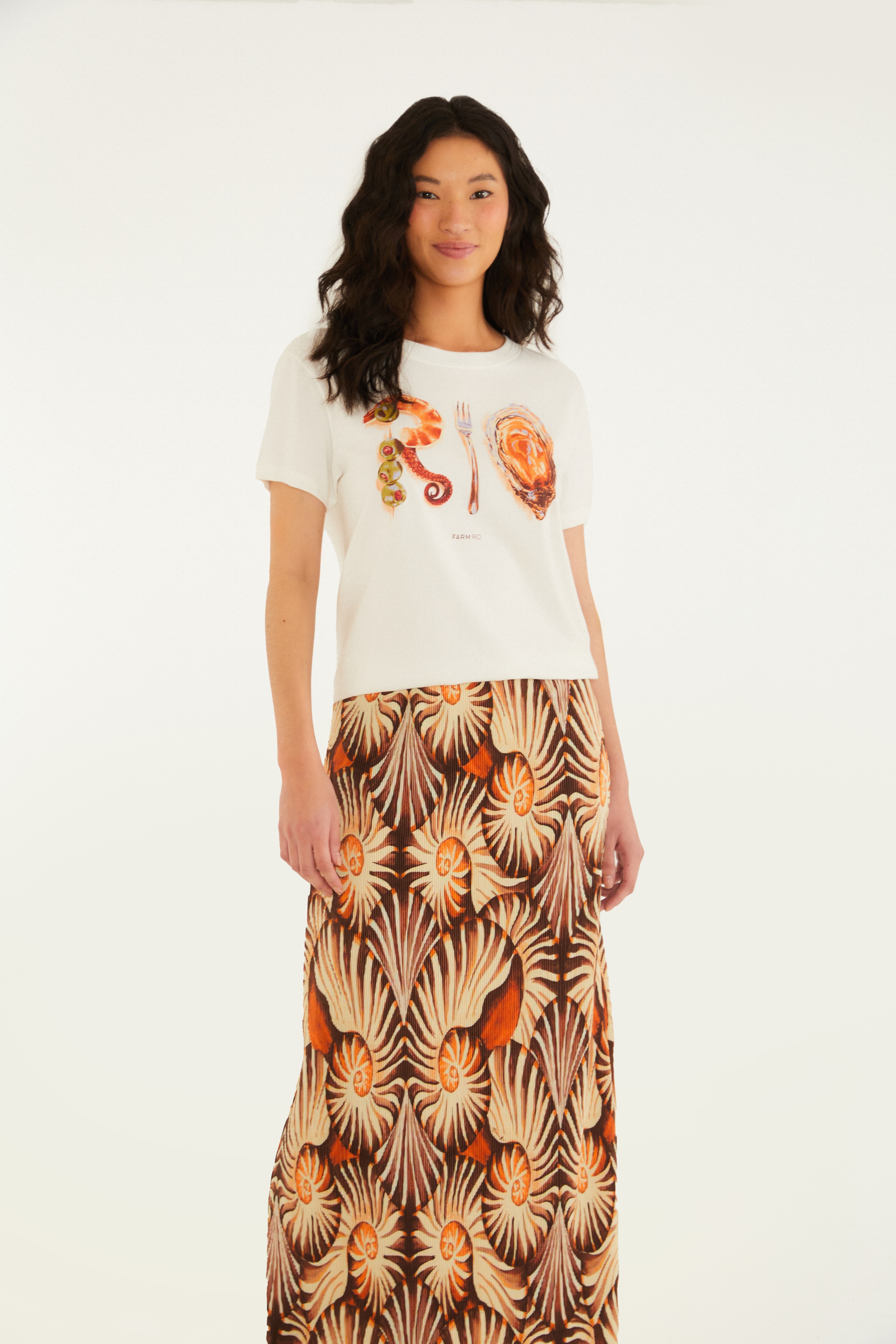 Saia Midi Plissada Estampada Mar De Concha