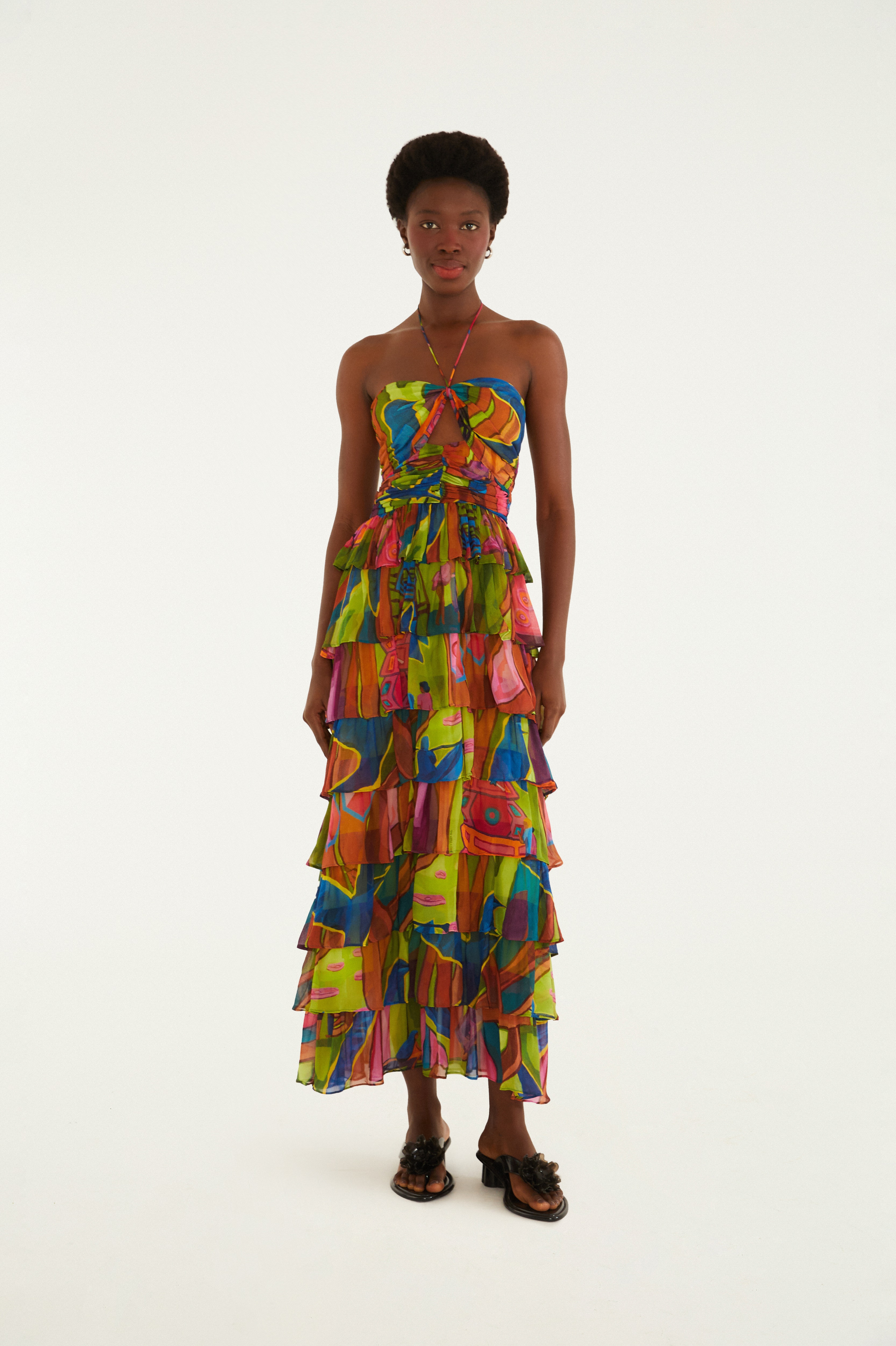 Vestido Midi Babados Estampado Tropical Sound