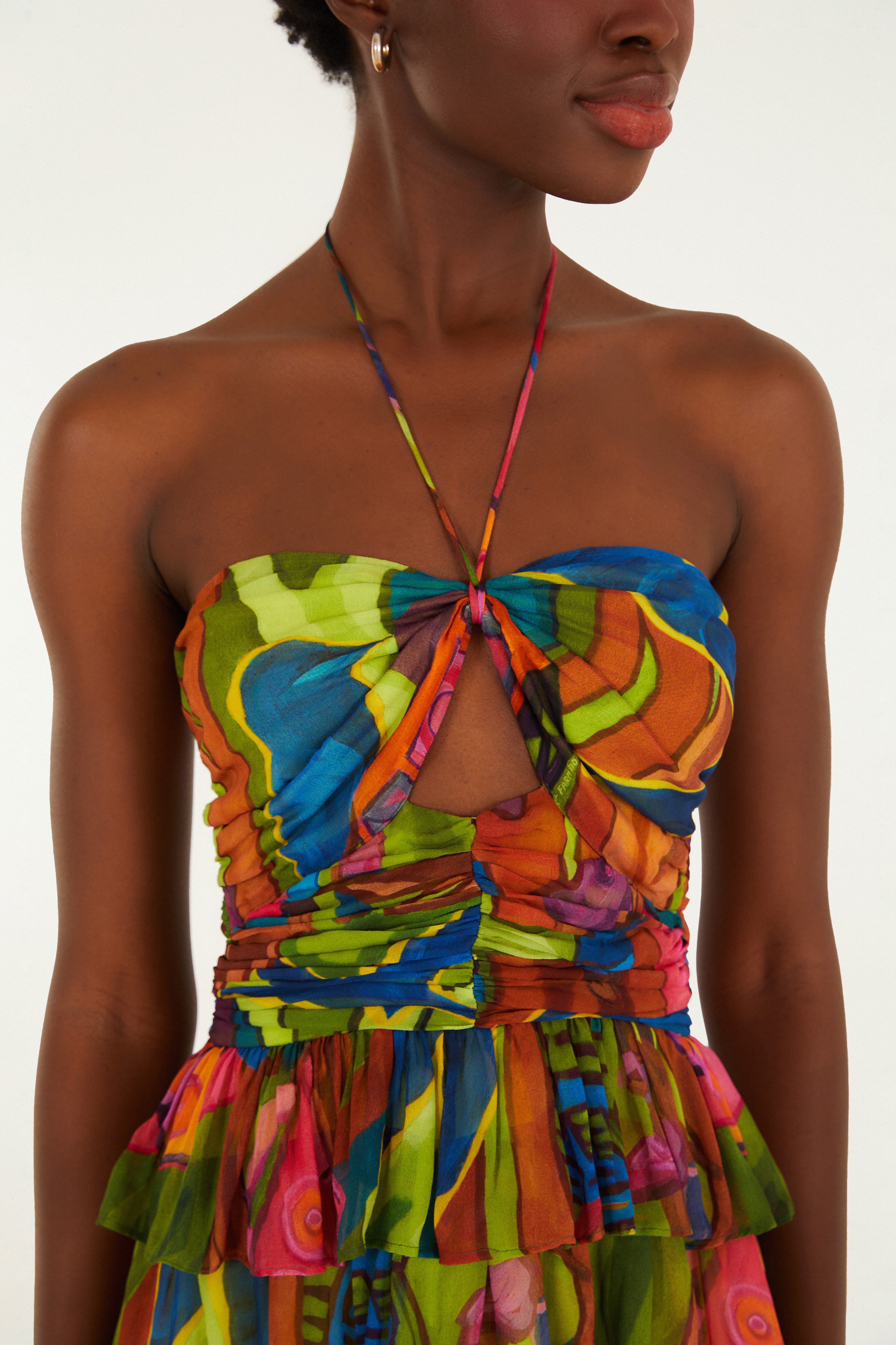 Vestido Midi Babados Estampado Tropical Sound
