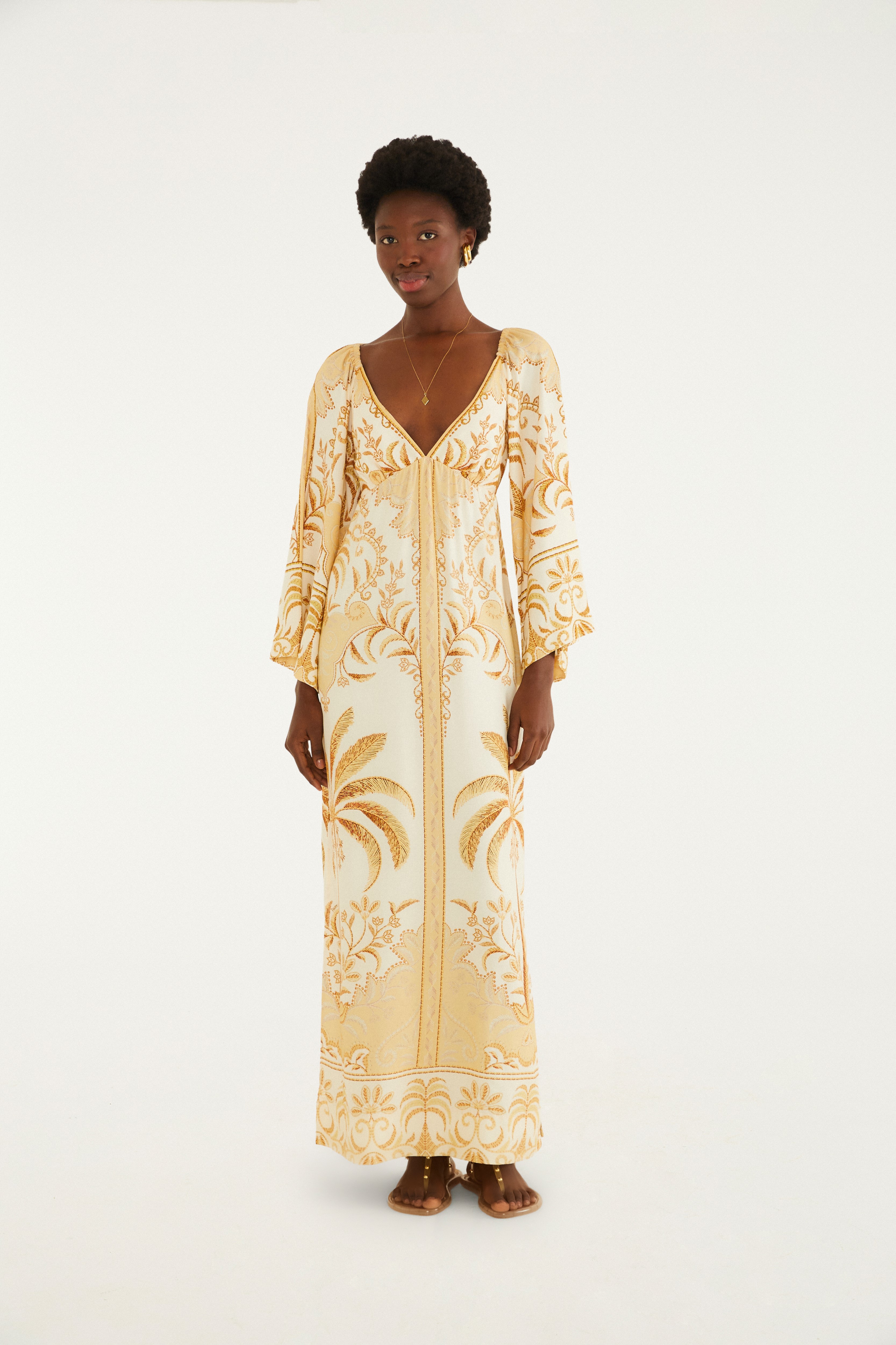 Vestido Longo Estampado Paisagem Tropical