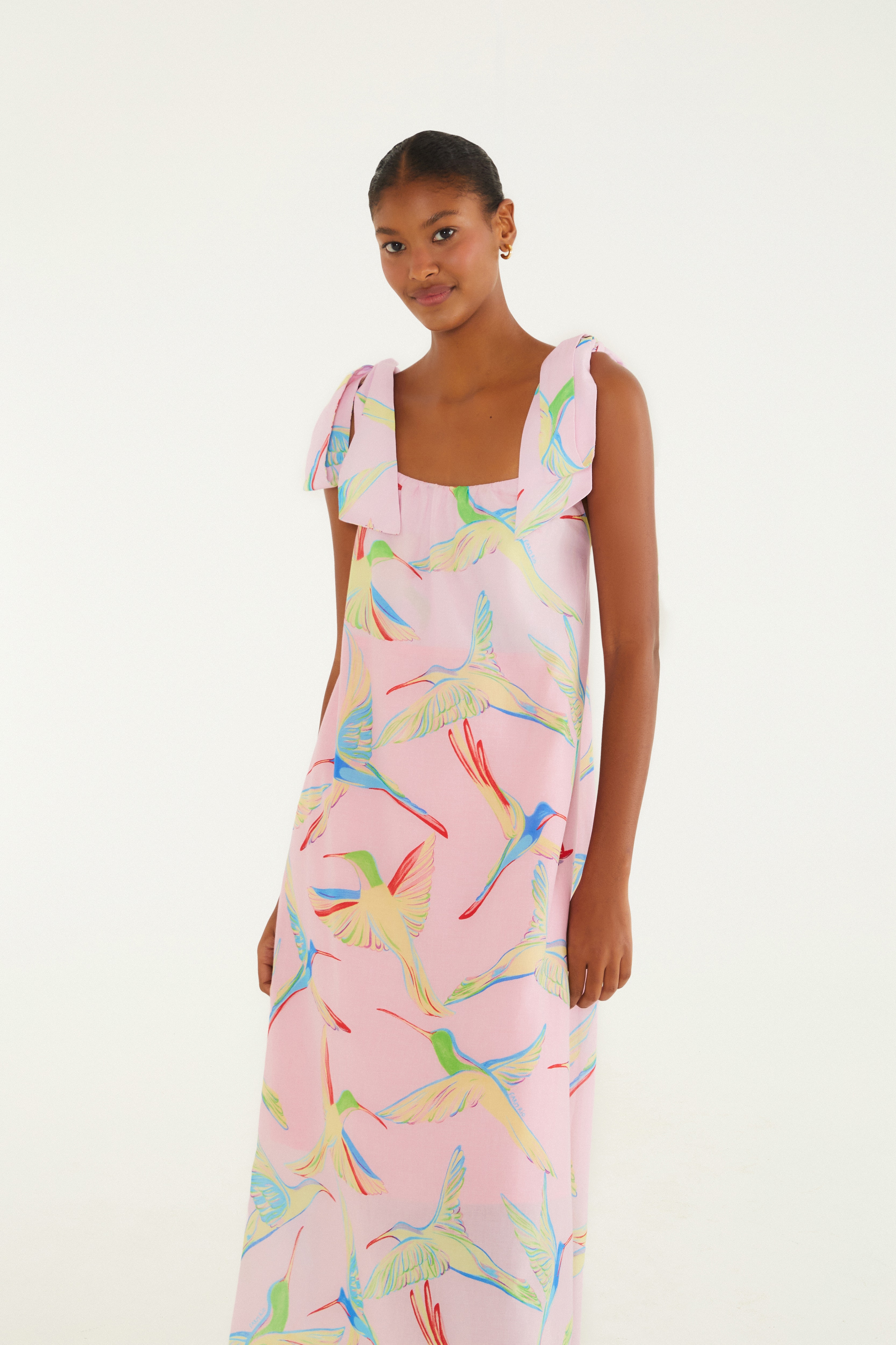 Vestido Amarração Estampado Beija Flor