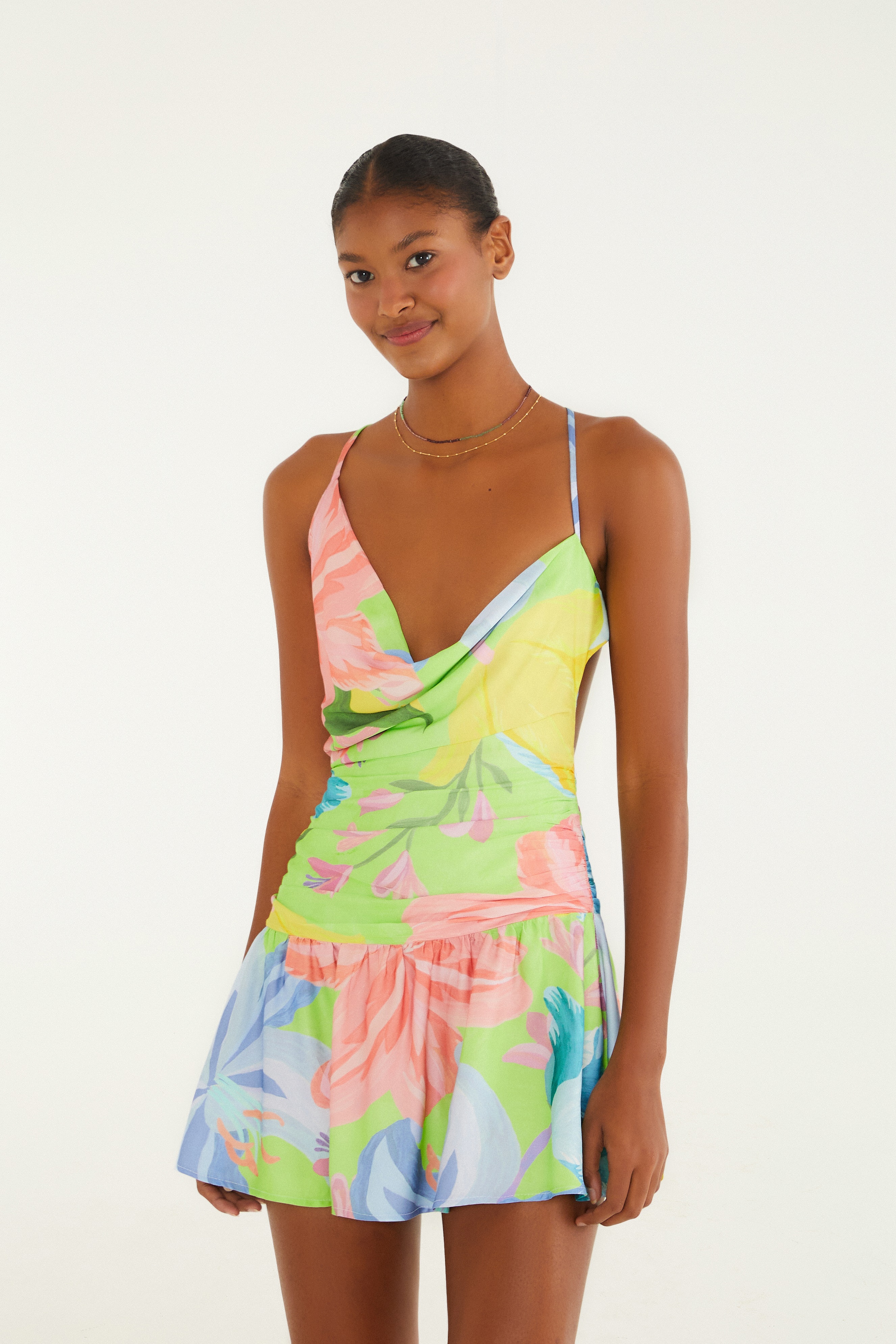 Vestido Curto Amarrações Estampado Amor De Flor