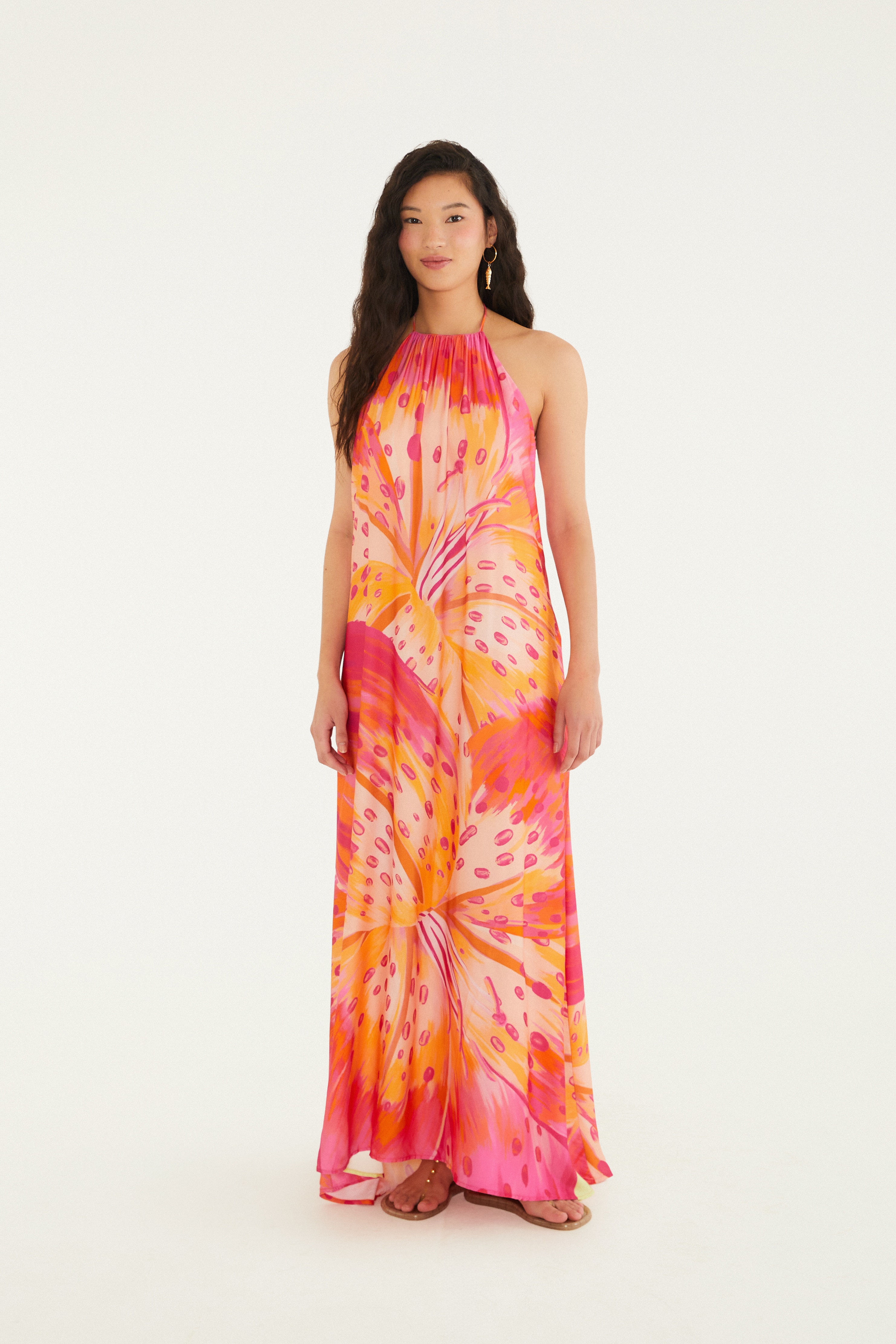 Vestido Frente Única Estampado Lírio Tropical