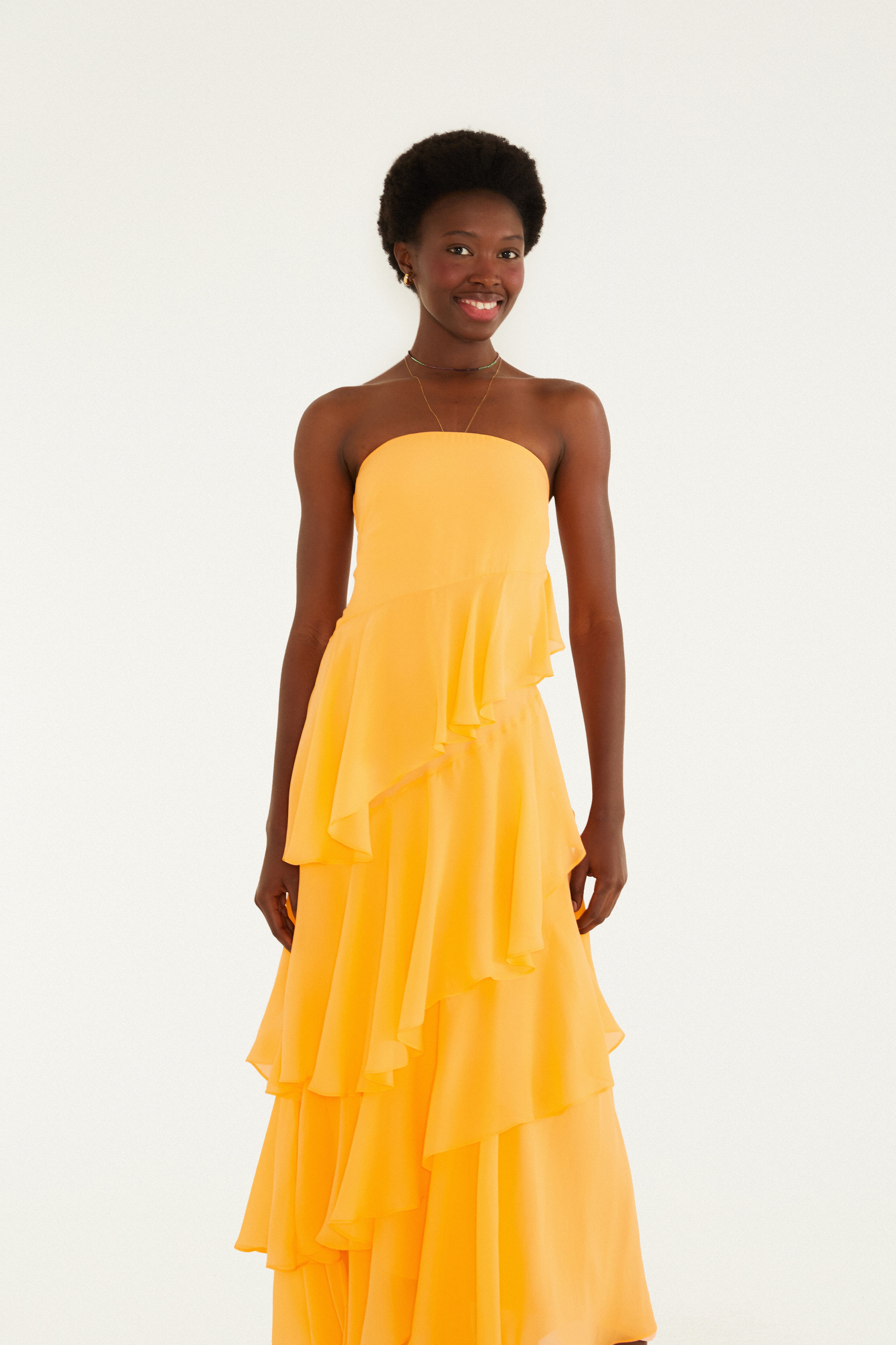 Vestido Sem Alça Babados Irregular