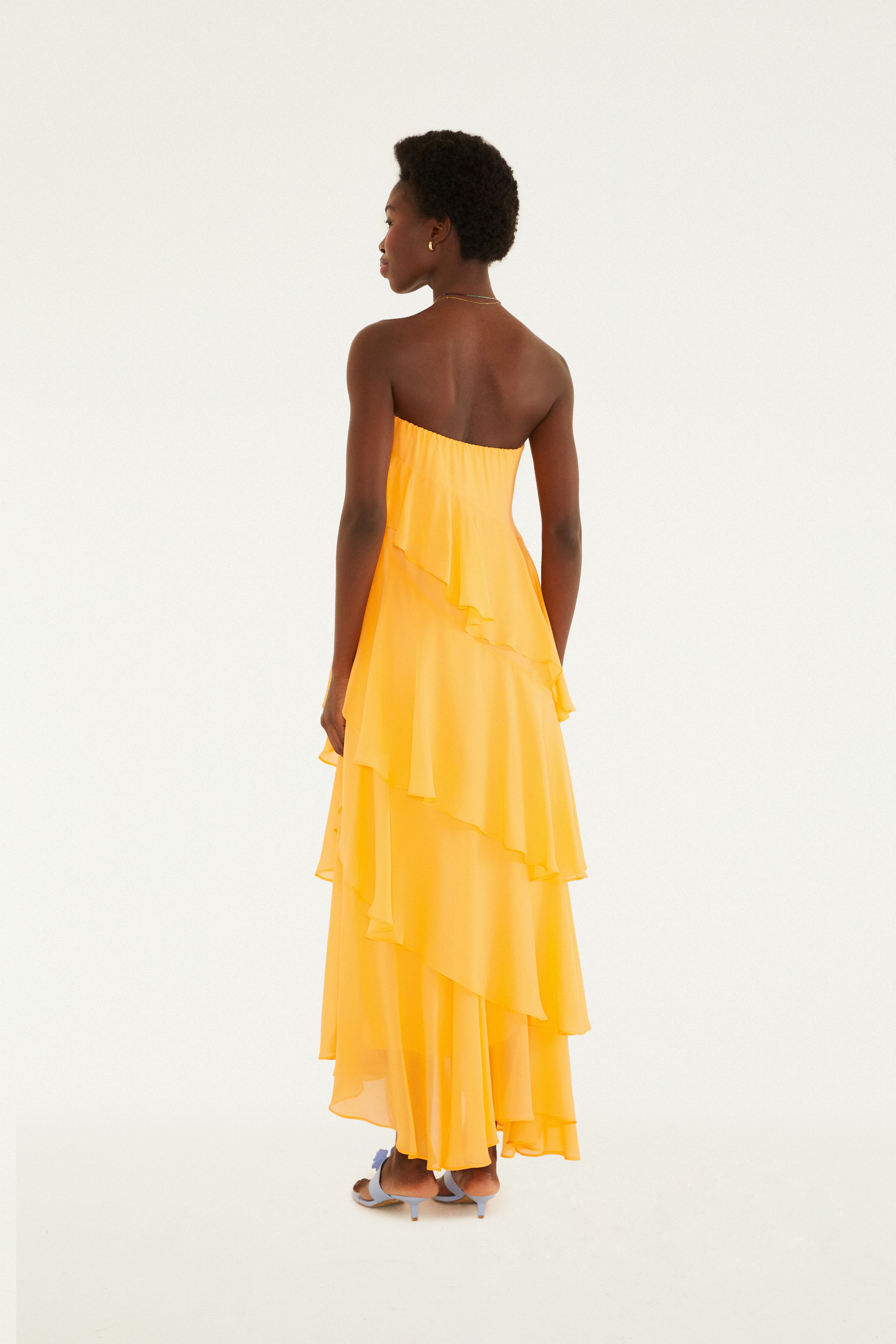 Vestido Sem Alça Babados Irregular