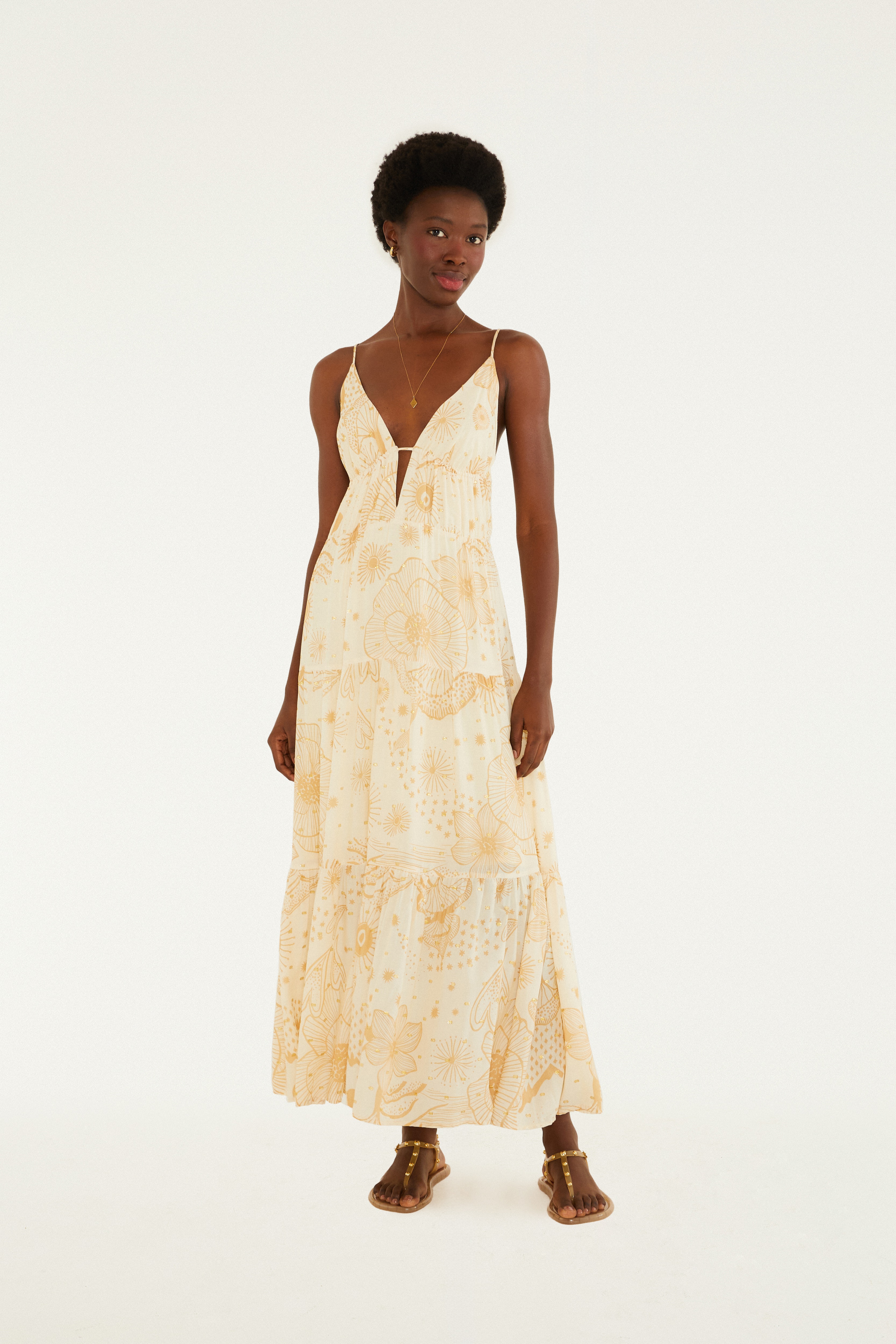 Vestido Longo Sem Manga Estampado Jardim Místico