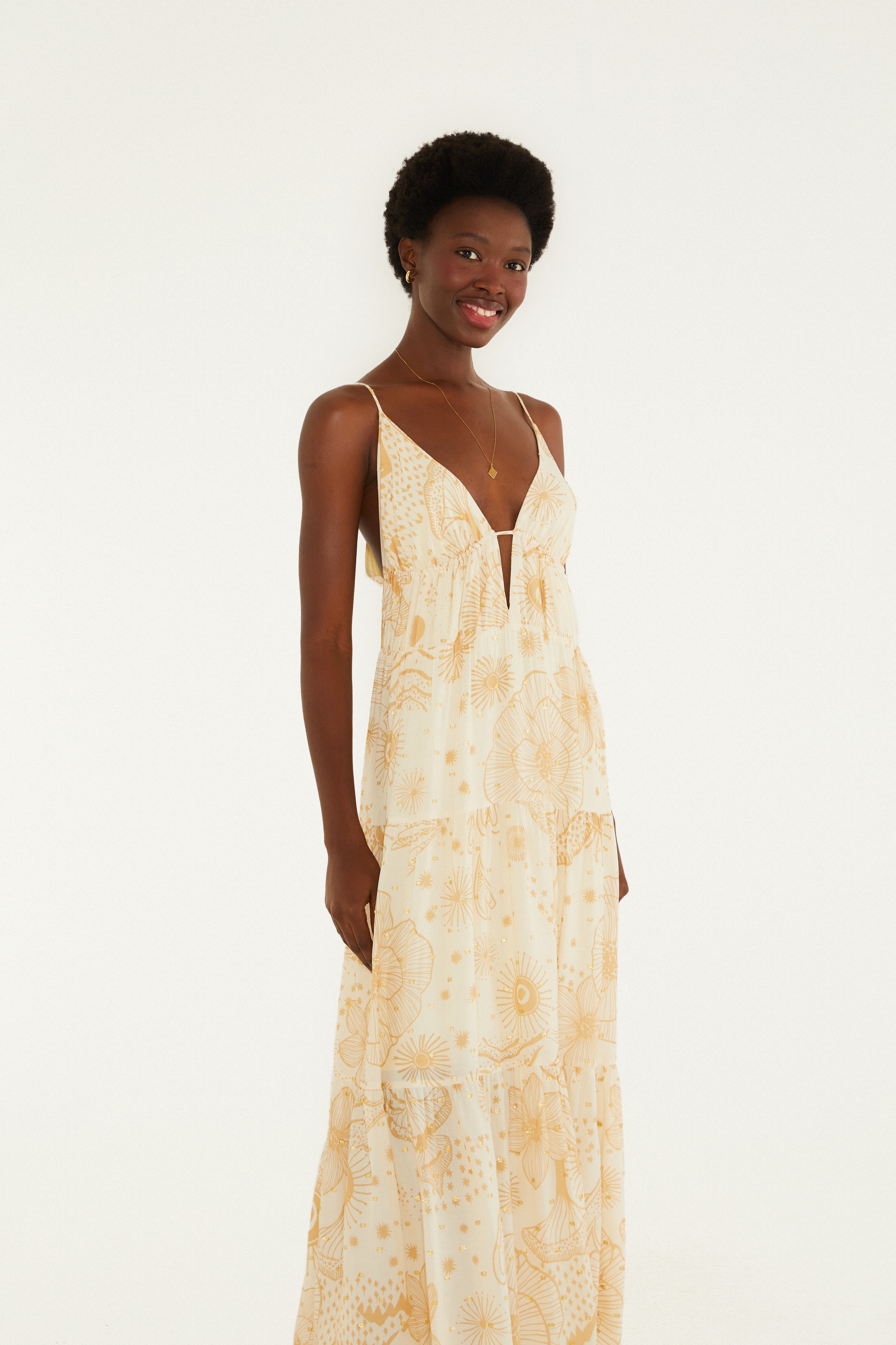 Vestido Longo Sem Manga Estampado Jardim Místico