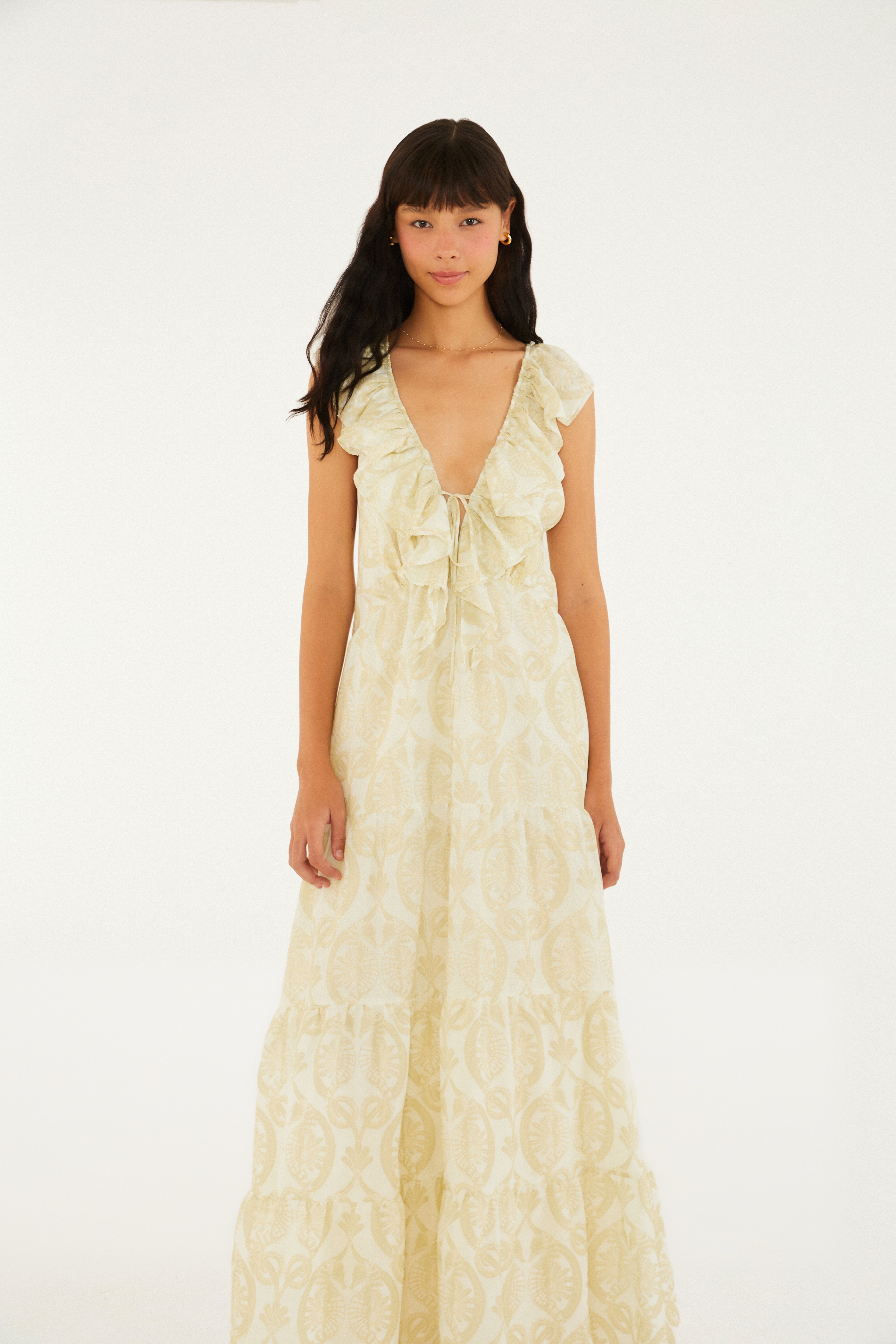 Vestido Longo Babados Estampado Cavalos Marinhos