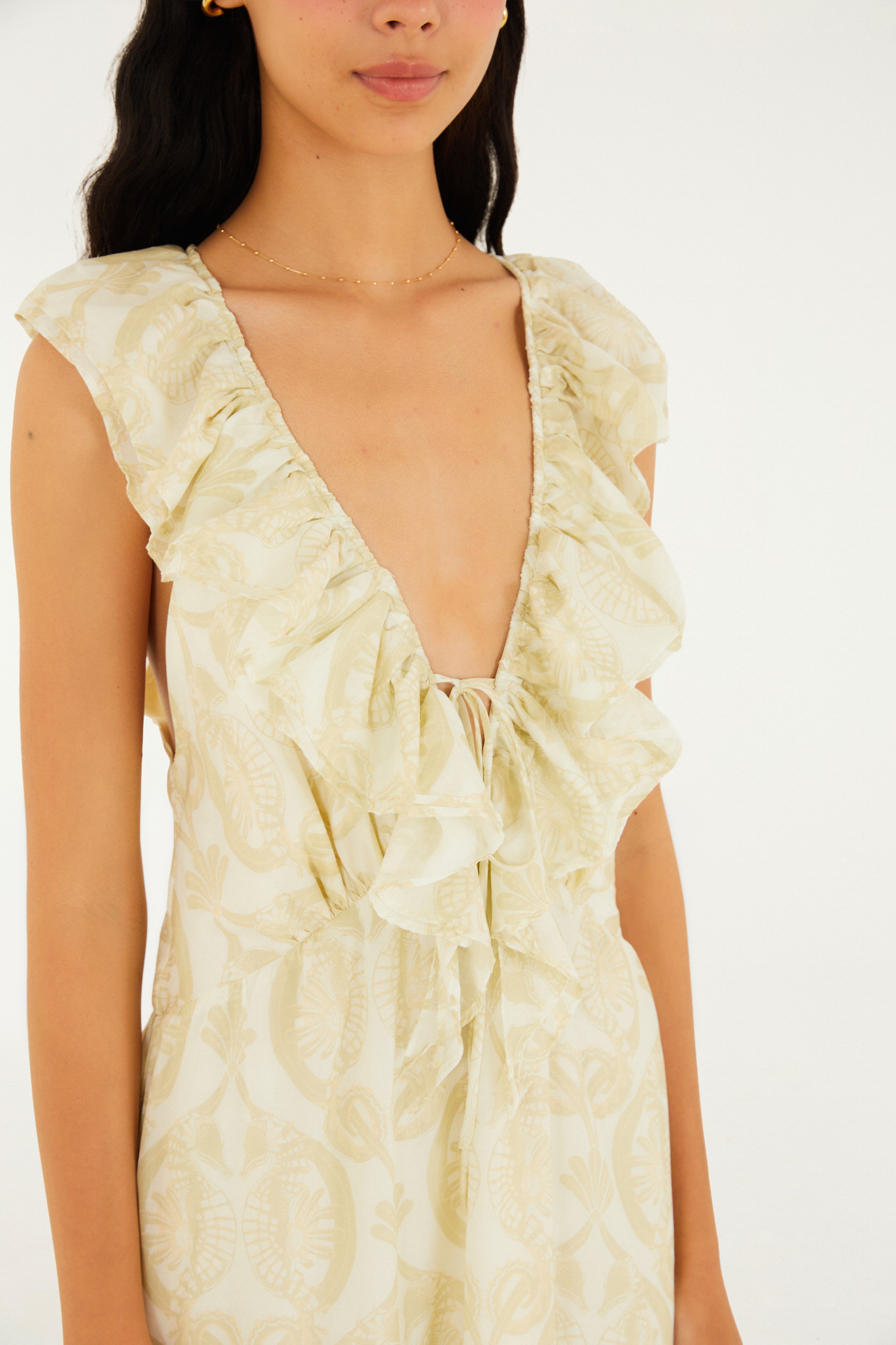 Vestido Longo Babados Estampado Cavalos Marinhos