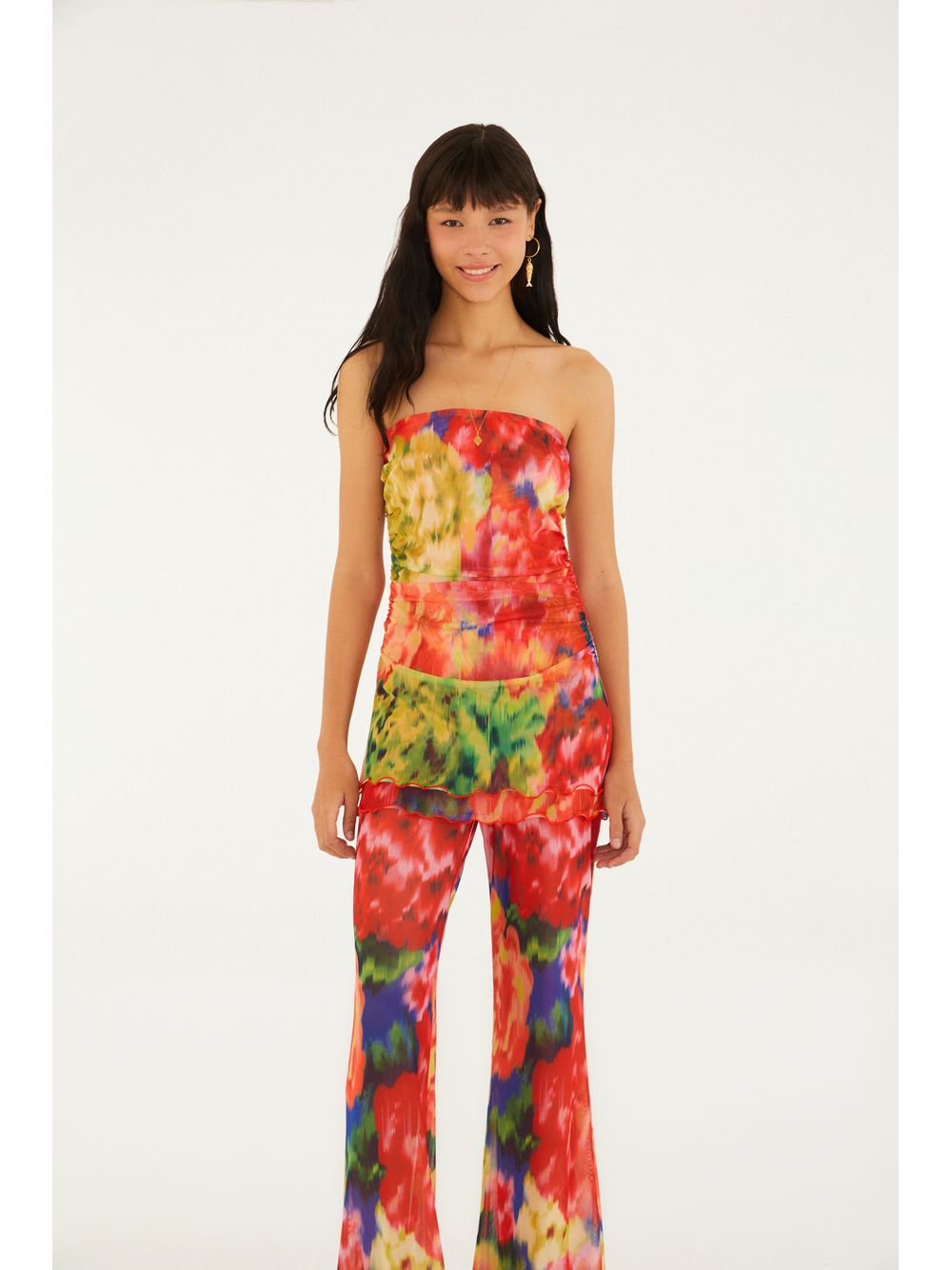 Farm — Calça Babado Tule Estampada Chita Astral