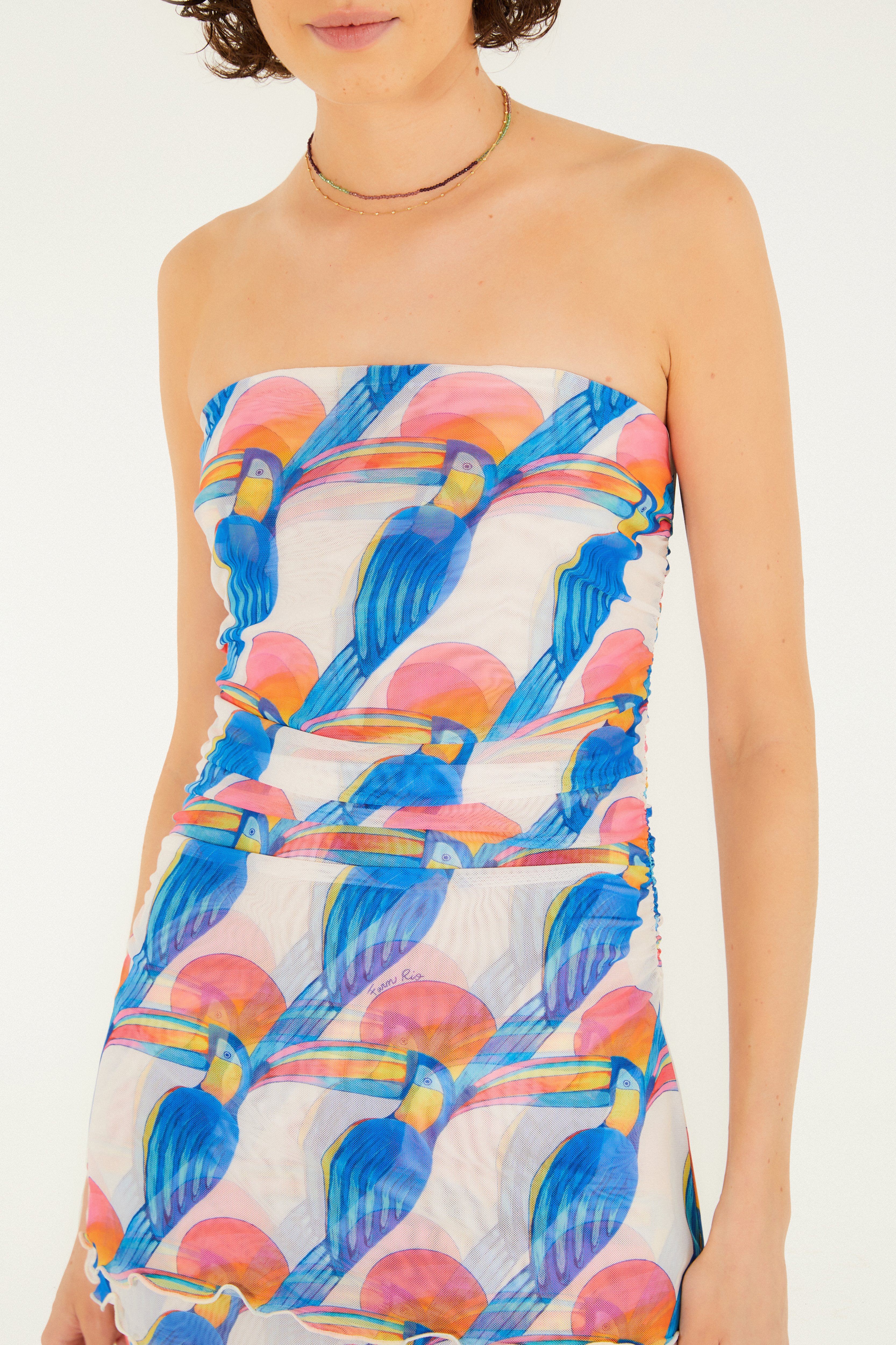 Blusa Sem Alças Tule Estampada Tucanitas