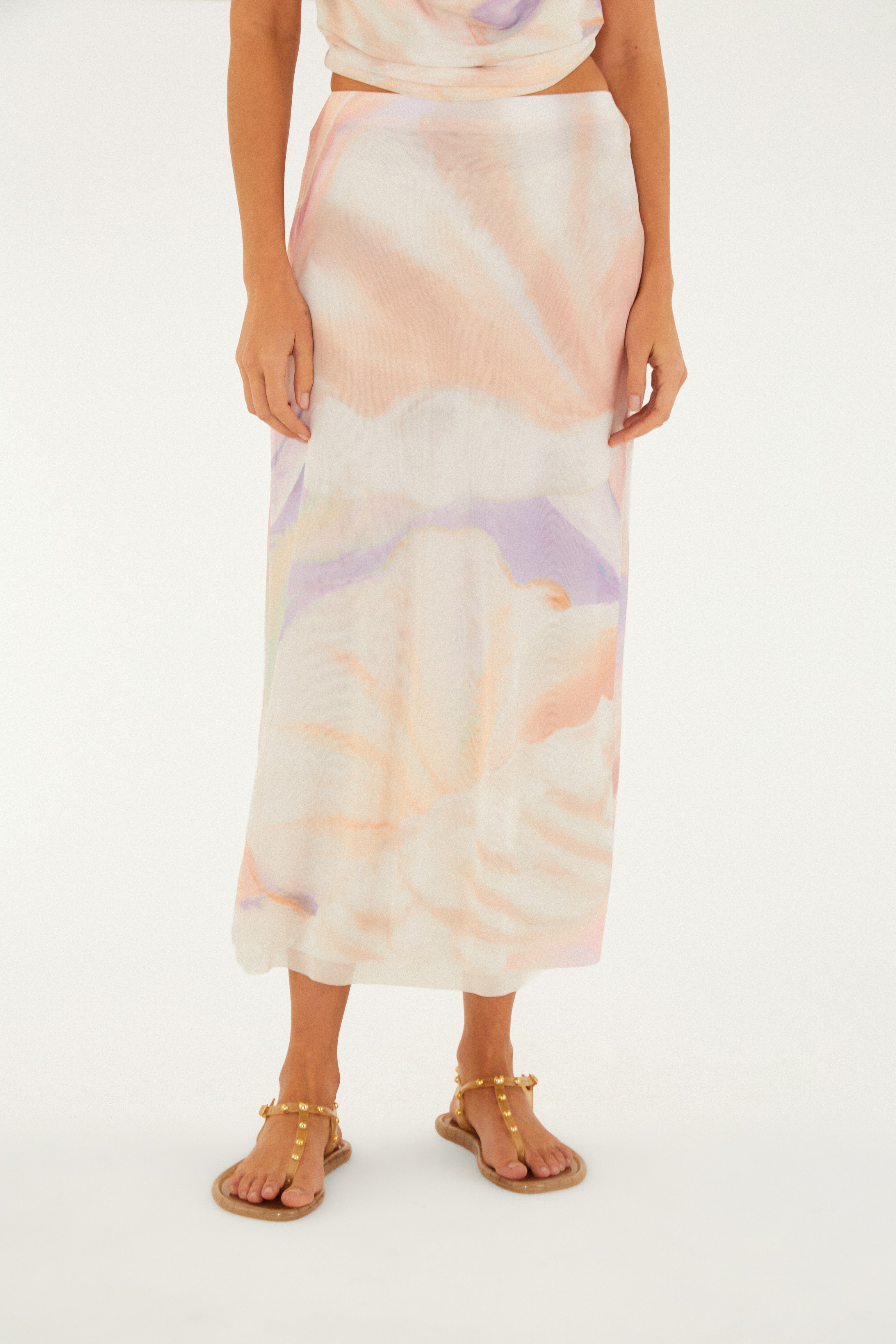Saia Midi Tule Estampada Pérola Do Mar