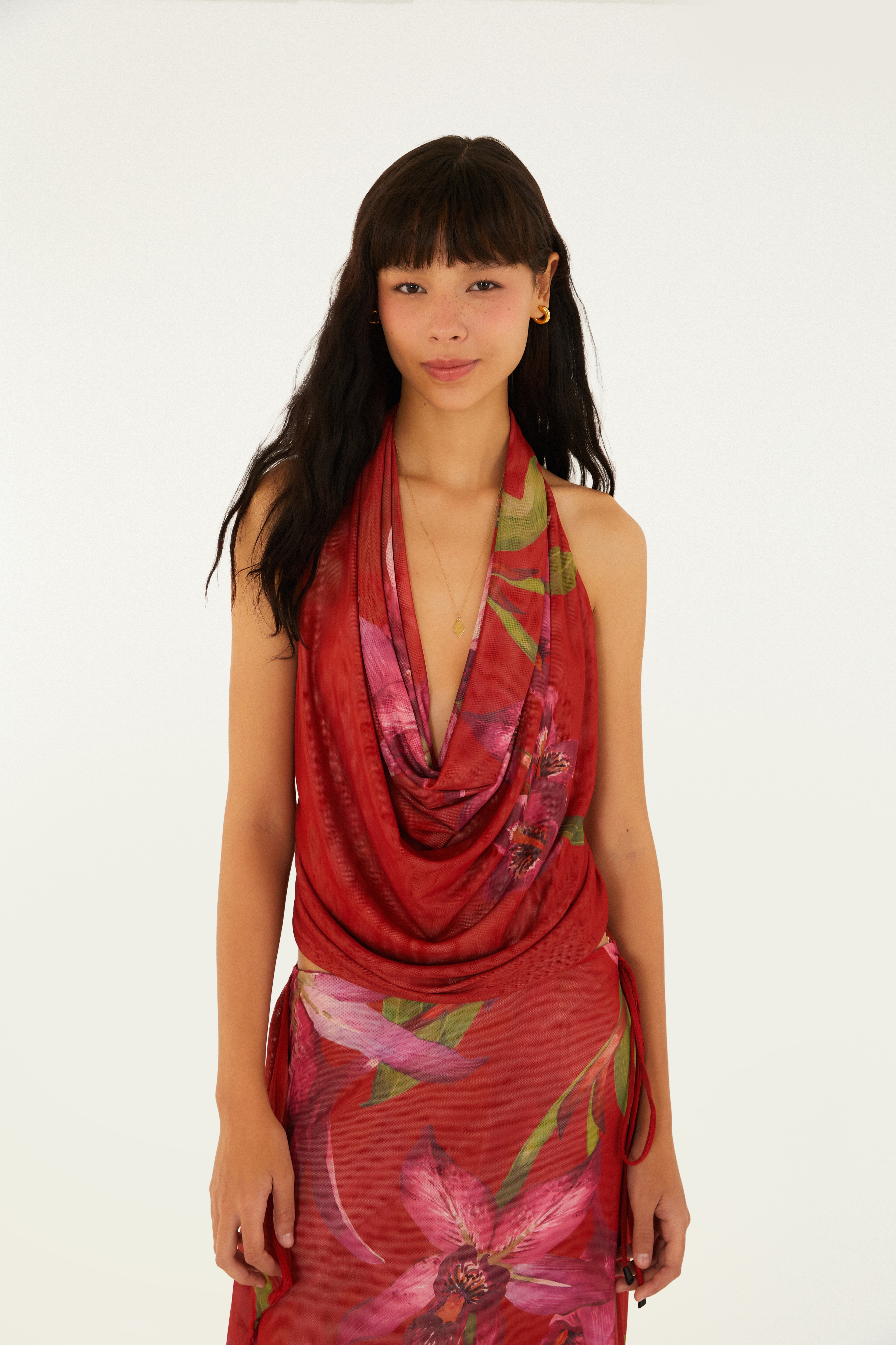 Blusa Tule Estampada Floral Orquídea