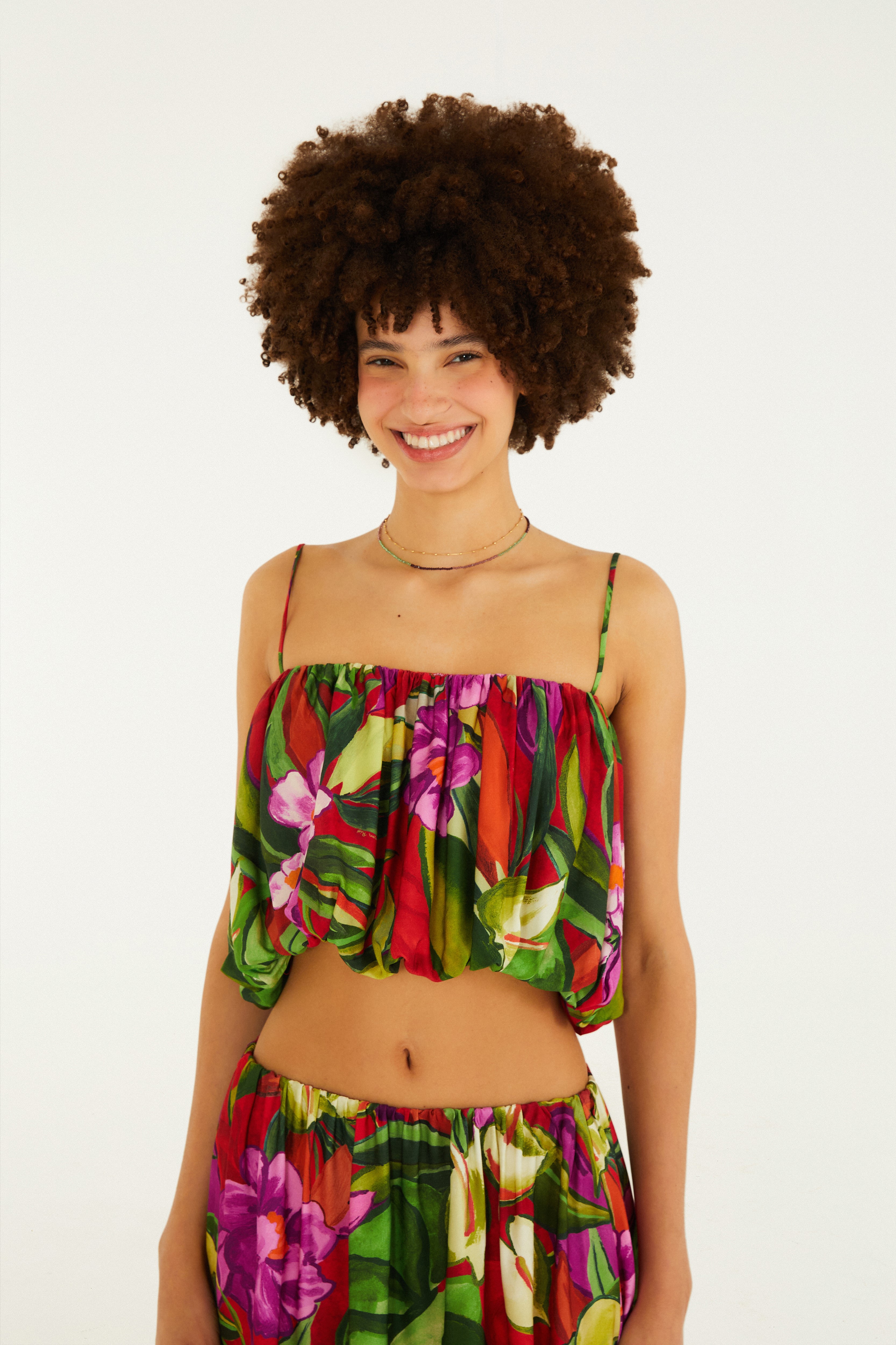 Blusa Balonê Estampada Folhagem