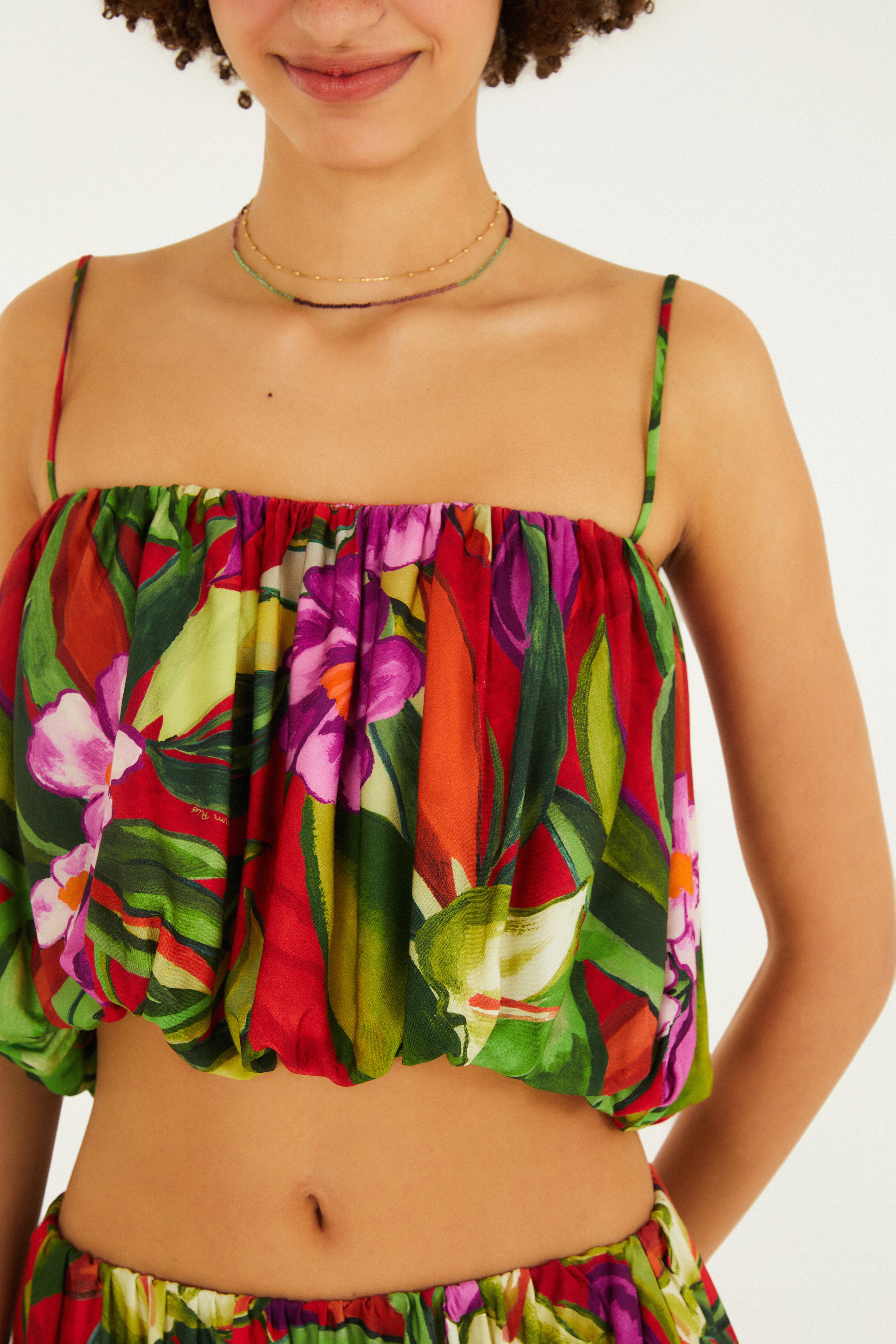Blusa Balonê Estampada Folhagem