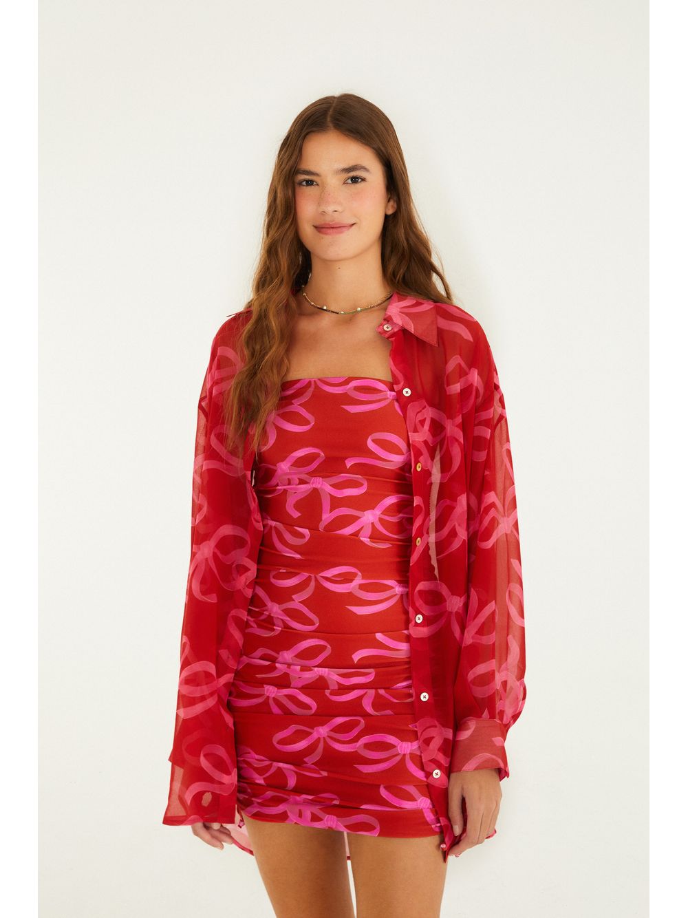 Farm — Vestido Curto Sem Alça Laços