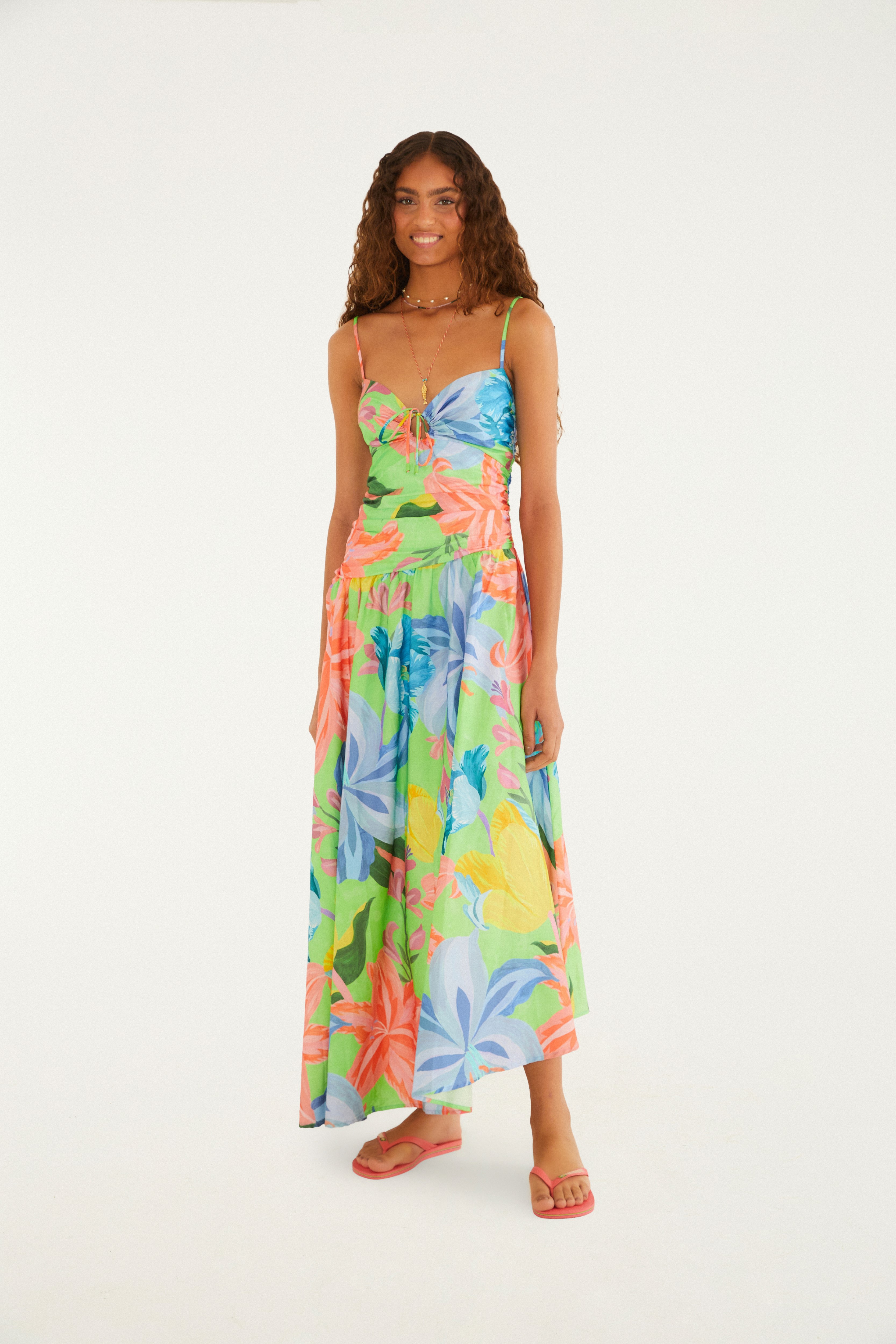 Vestido Longo Alças Estampado Amor De Flor