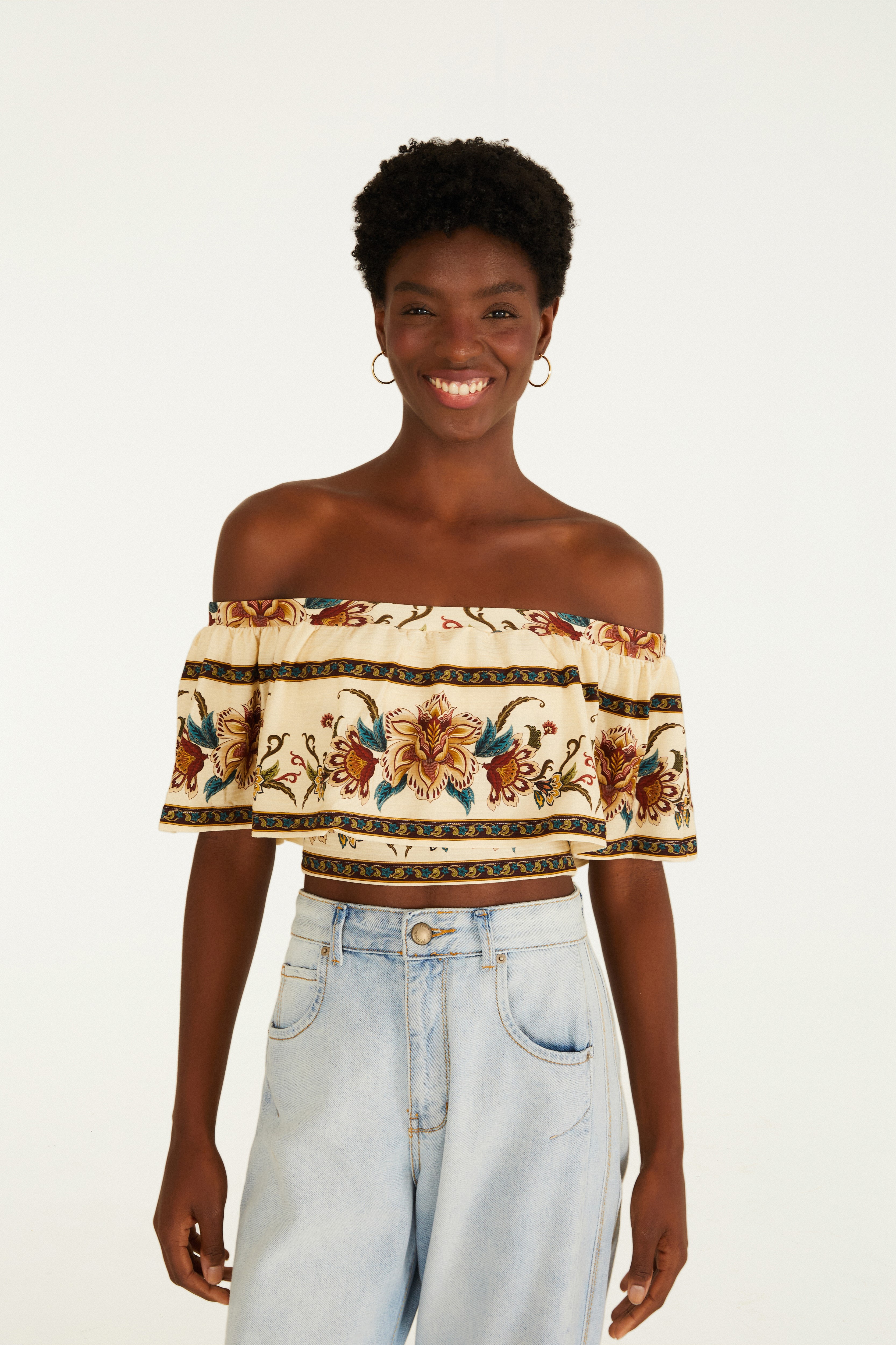 Blusa Babado Estampada Jardim Majestoso