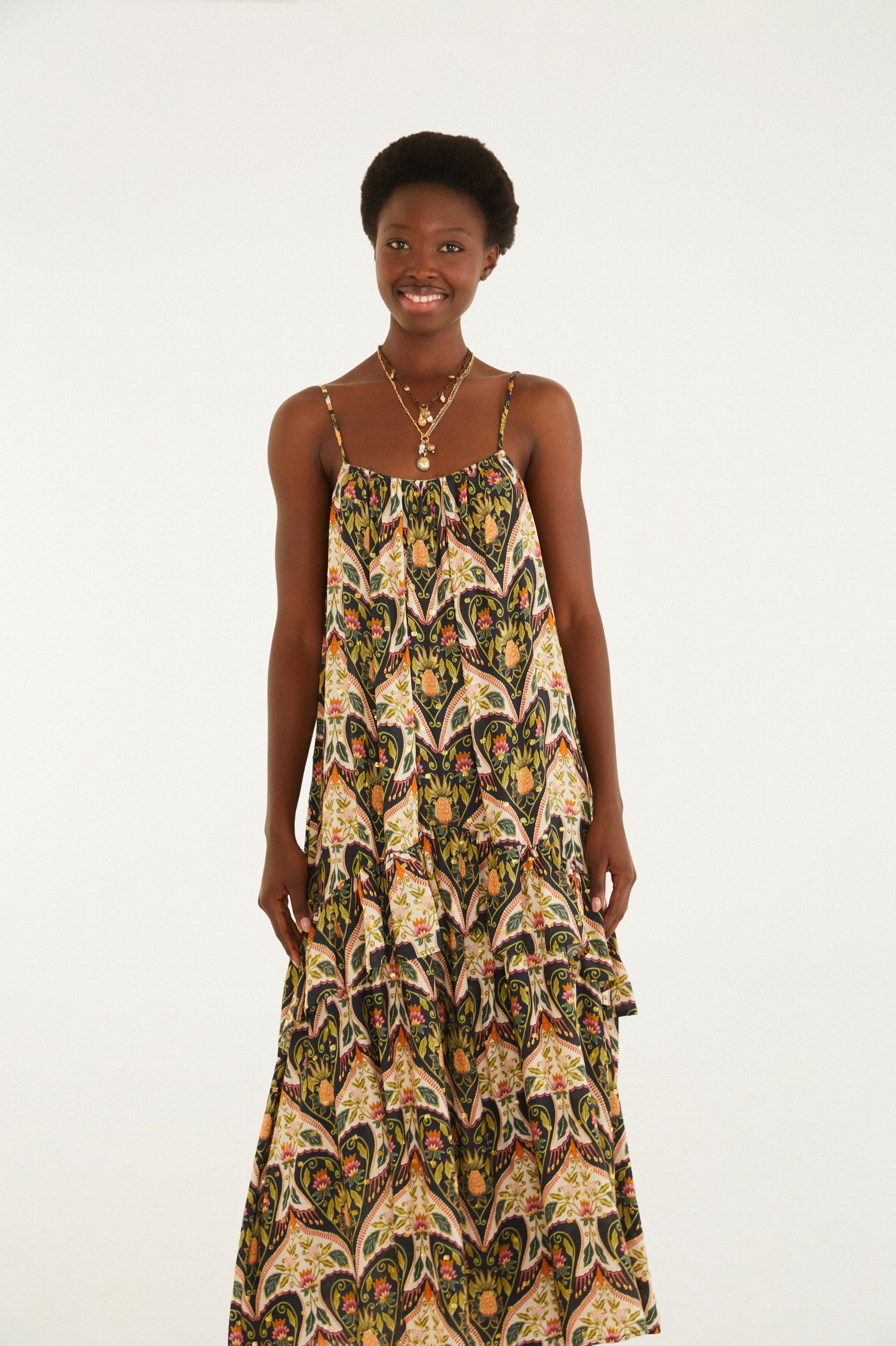 Vestido Longo Alça Estampado Andorinha