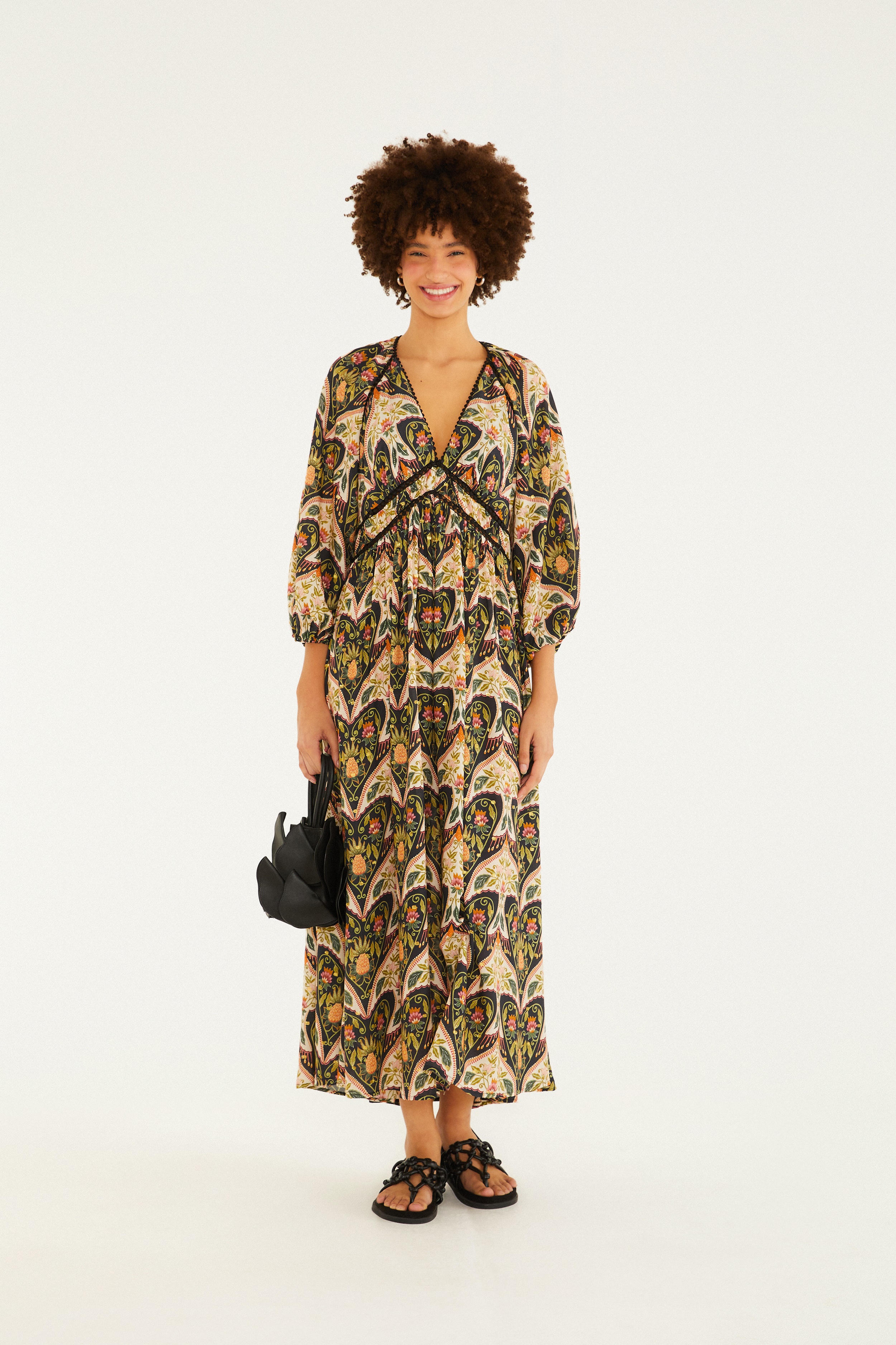 Vestido Longo Manga Estampado Andorinha