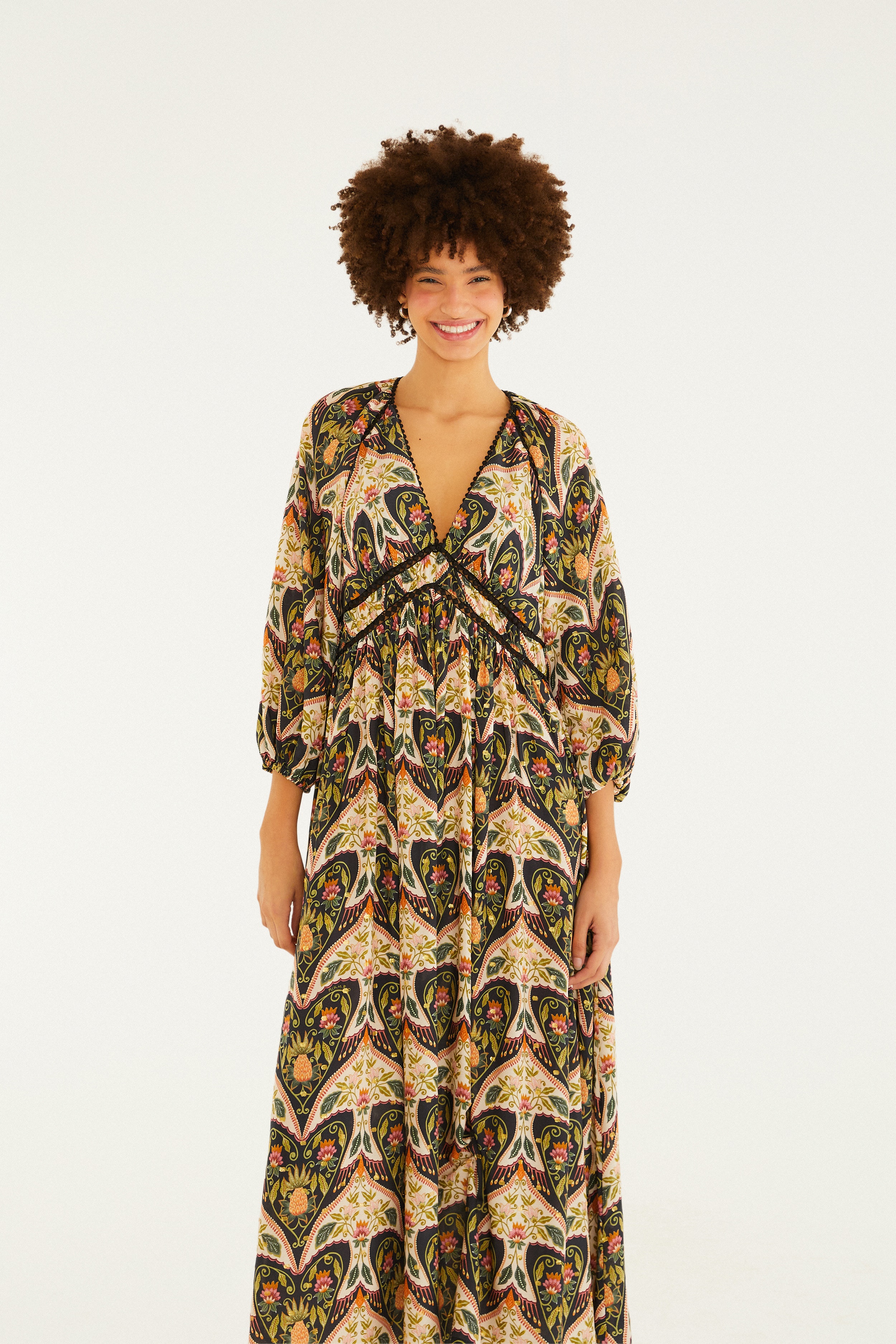 Vestido Longo Manga Estampado Andorinha