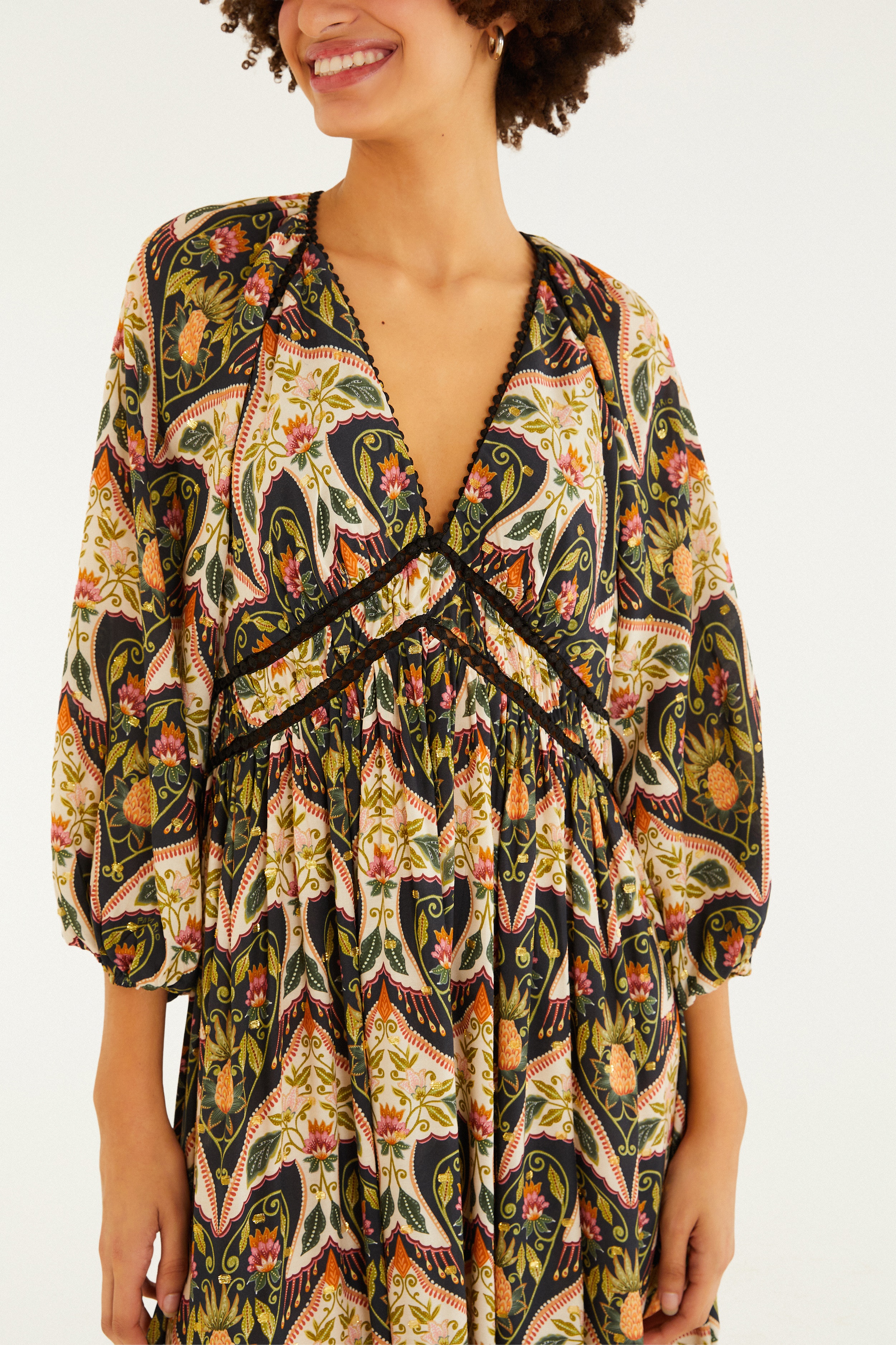 Vestido Longo Manga Estampado Andorinha