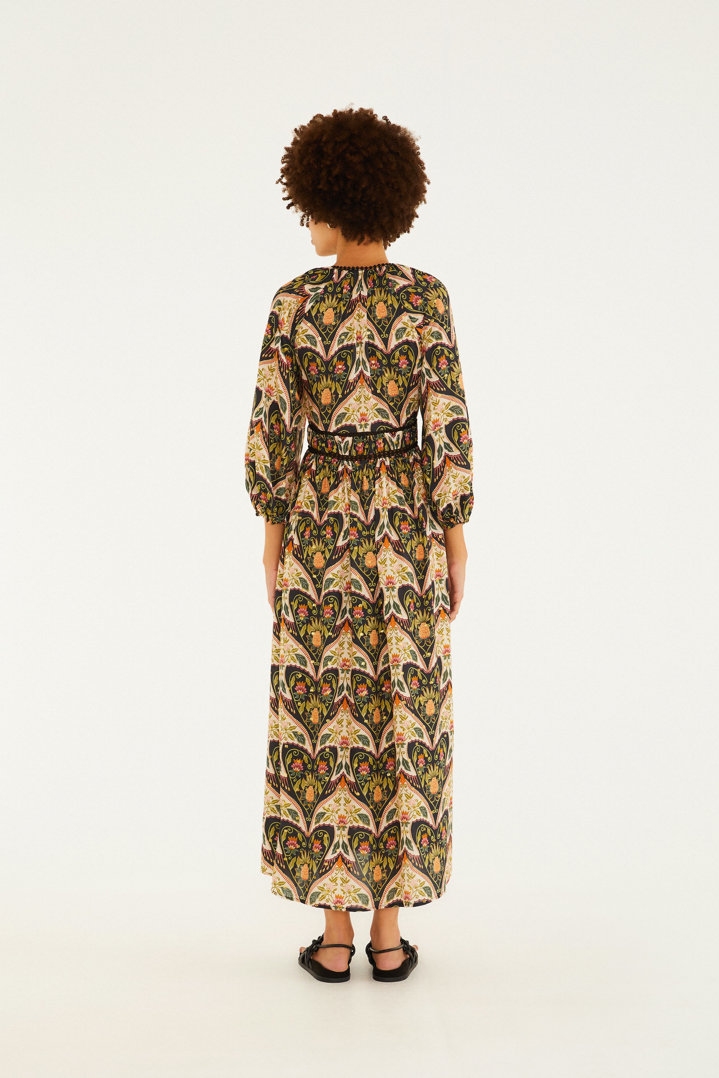 Vestido Longo Manga Estampado Andorinha