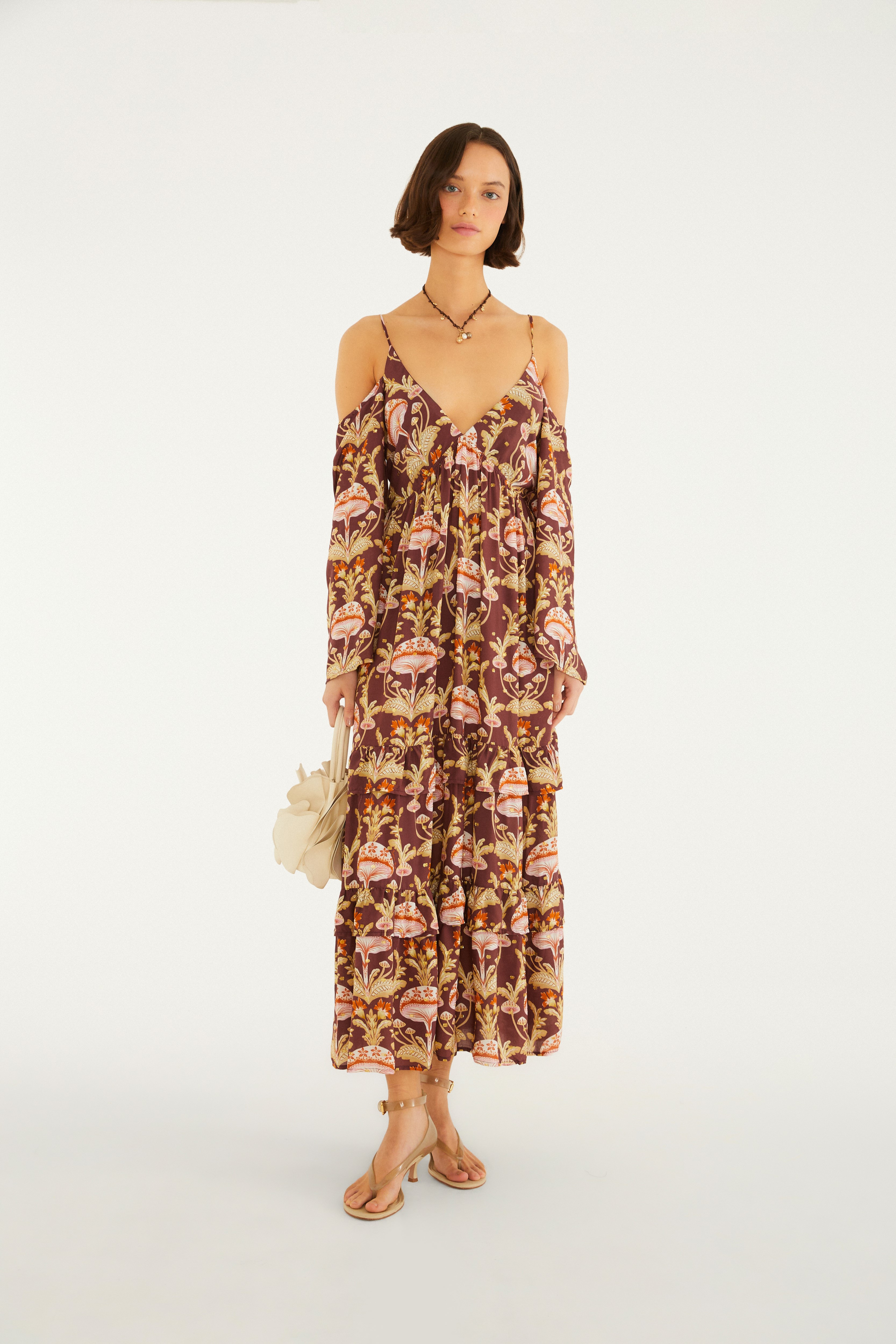 Vestido Longo Manga Estampado Doce Cogumelo