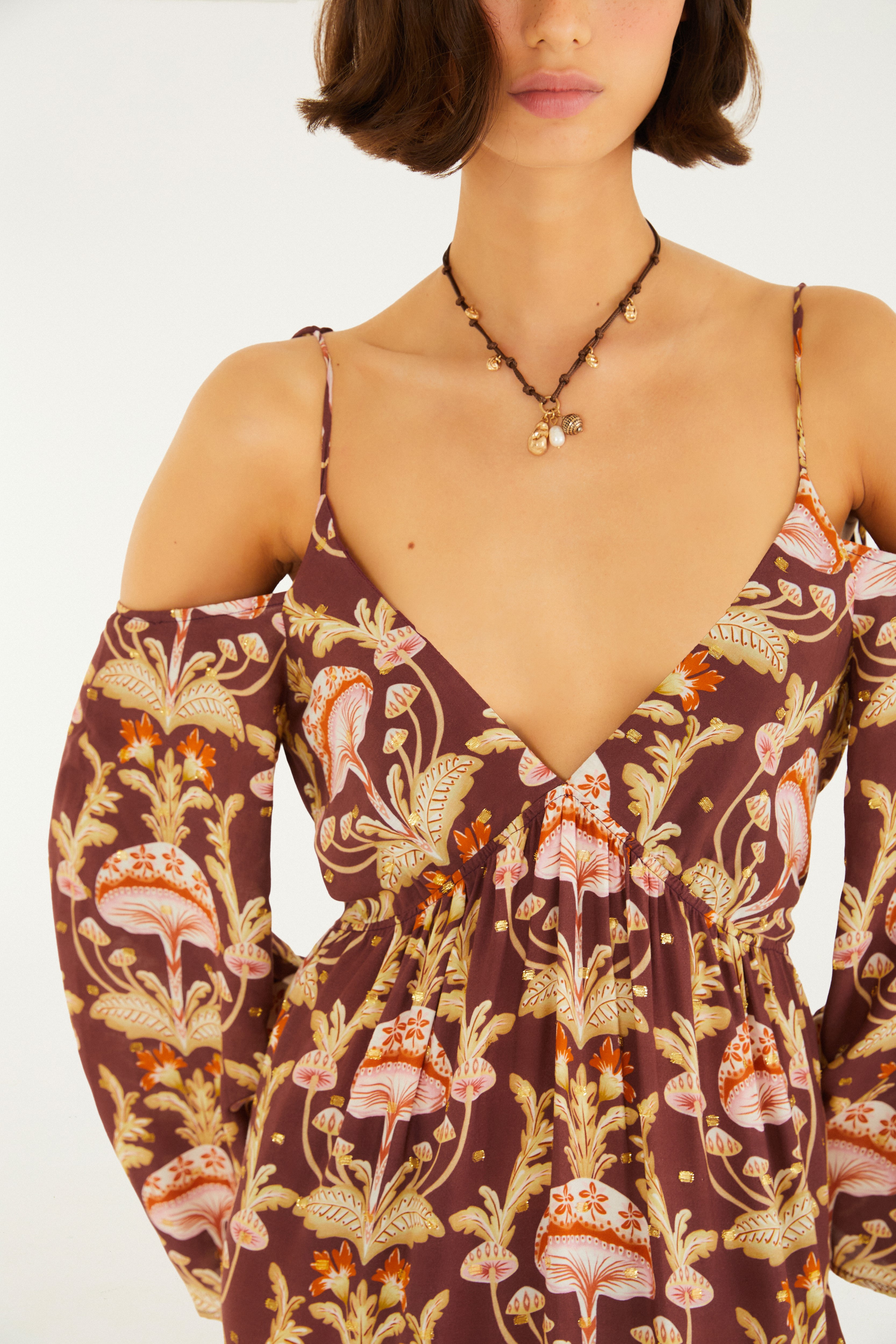 Vestido Longo Manga Estampado Doce Cogumelo