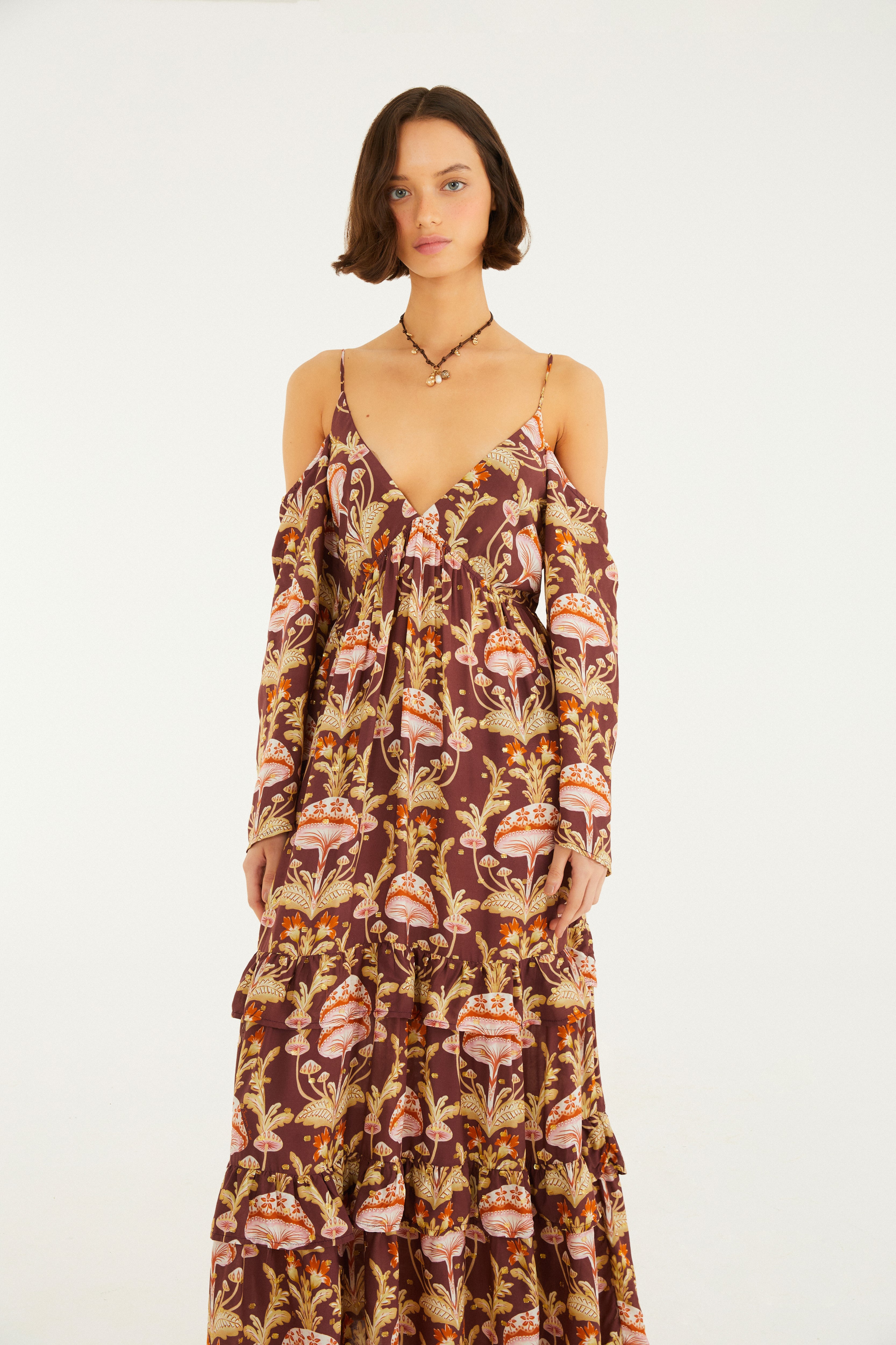 Vestido Longo Manga Estampado Doce Cogumelo