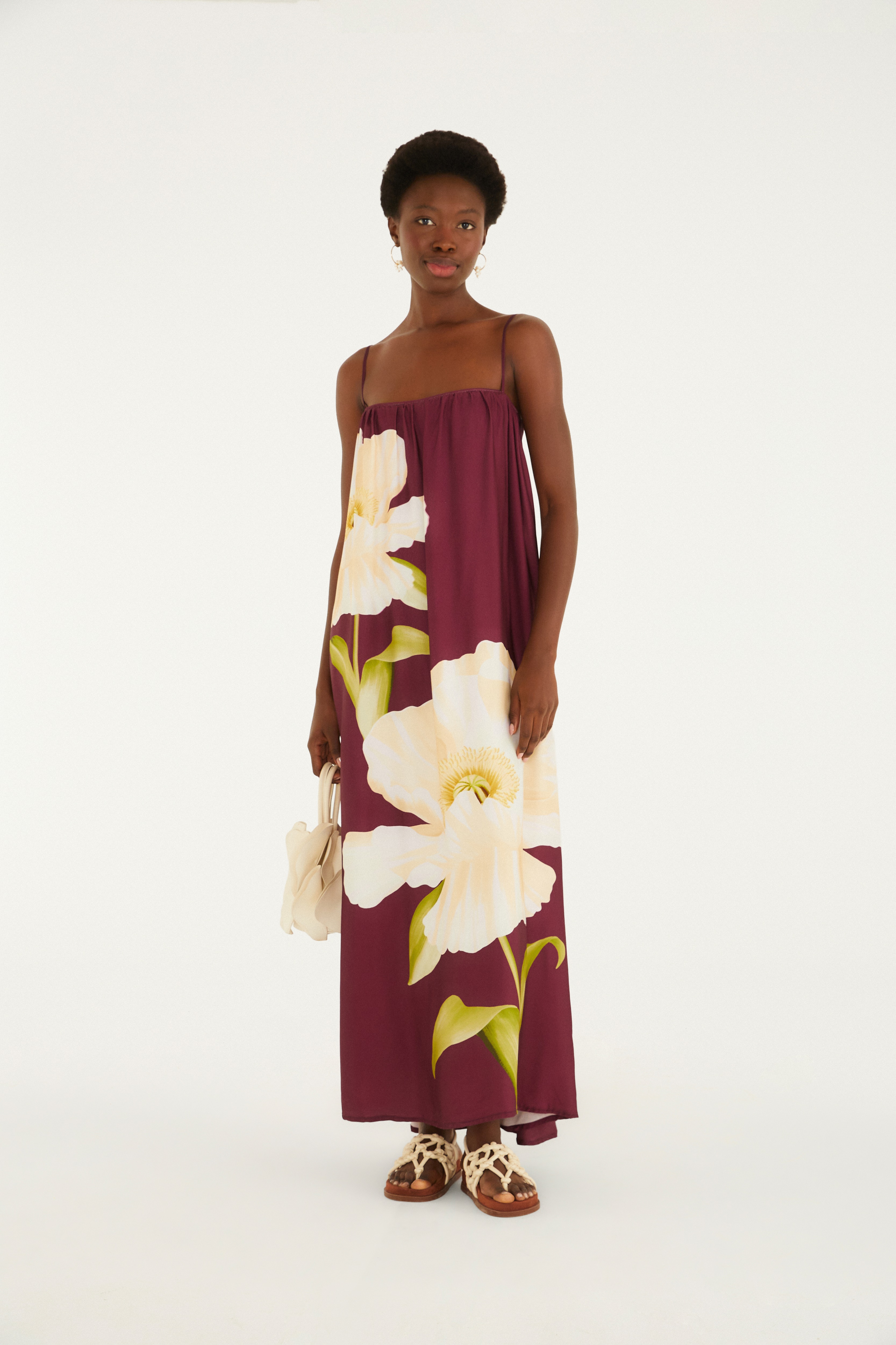 Vestido Longo Alcinhas Estampado Papoula