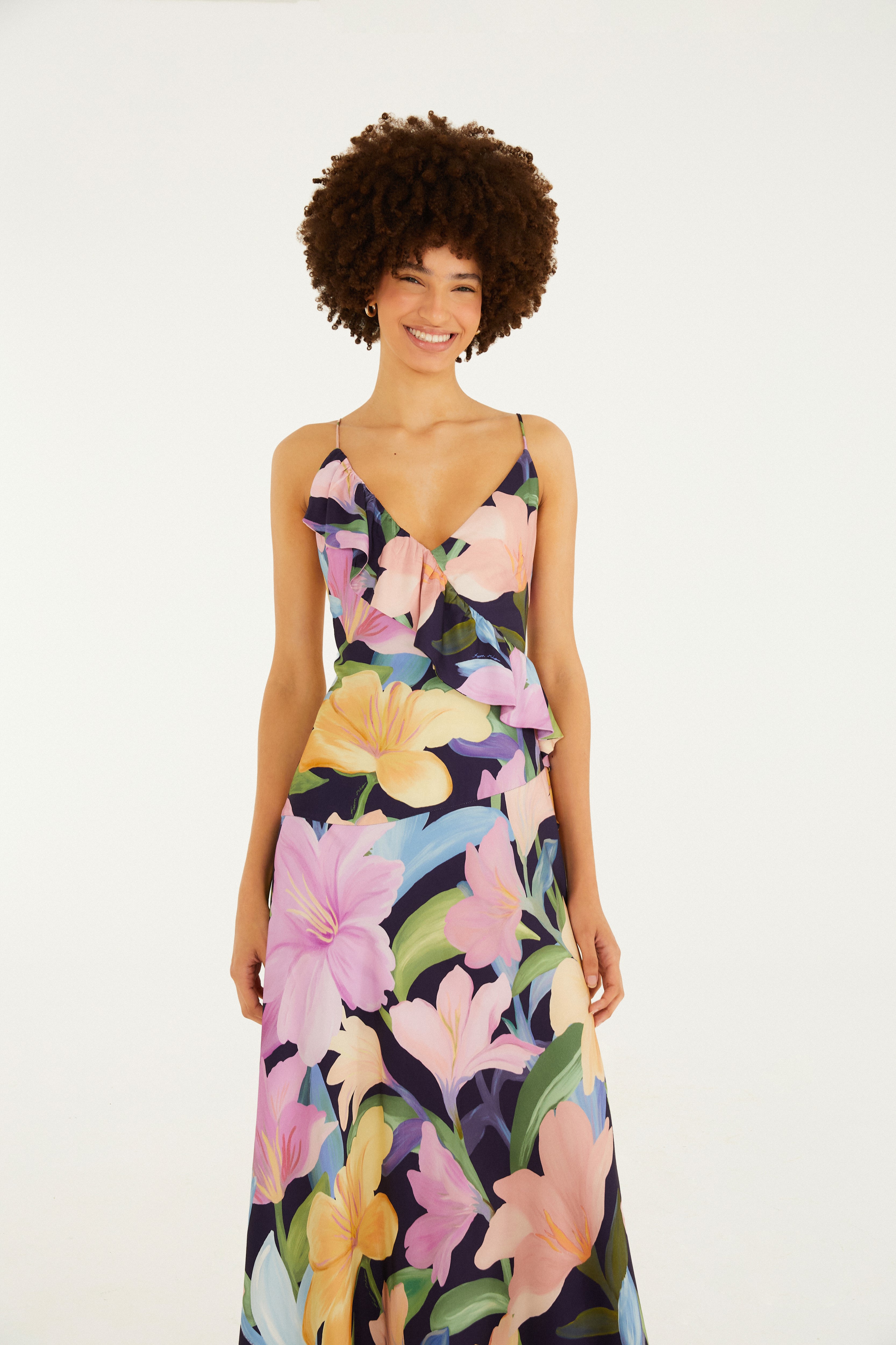 Vestido Alcinhas Babado Estampado Floral Nina