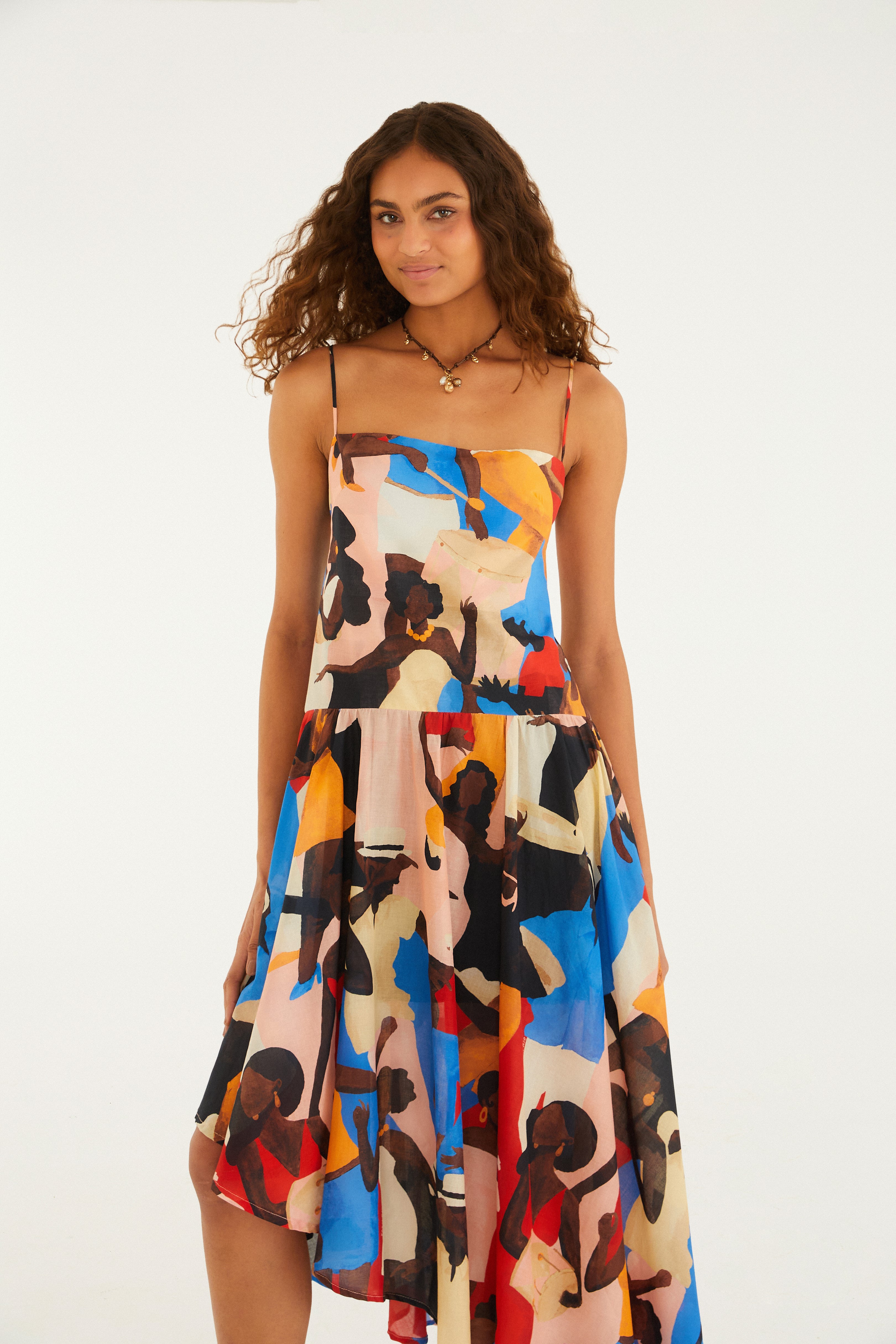 Vestido Alcinhas Estampado Samba No Pé