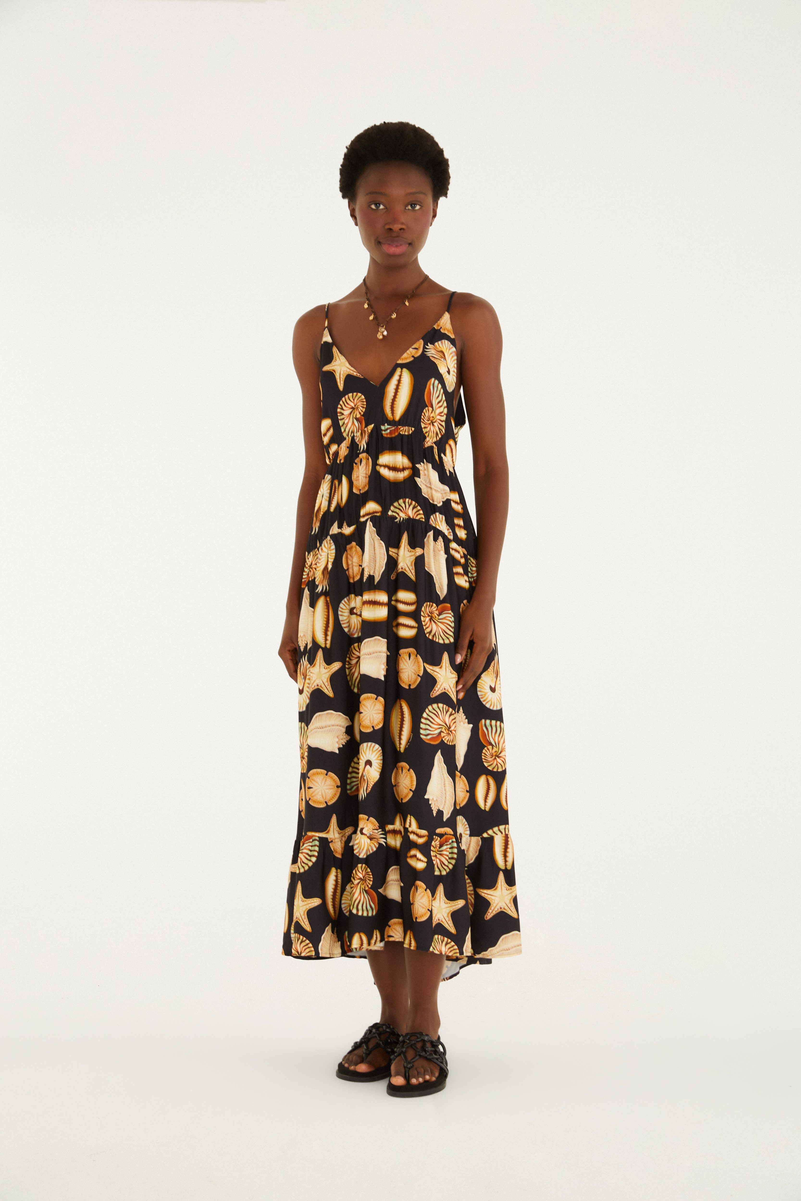 Vestido Alcinhas Estampado Conchas
