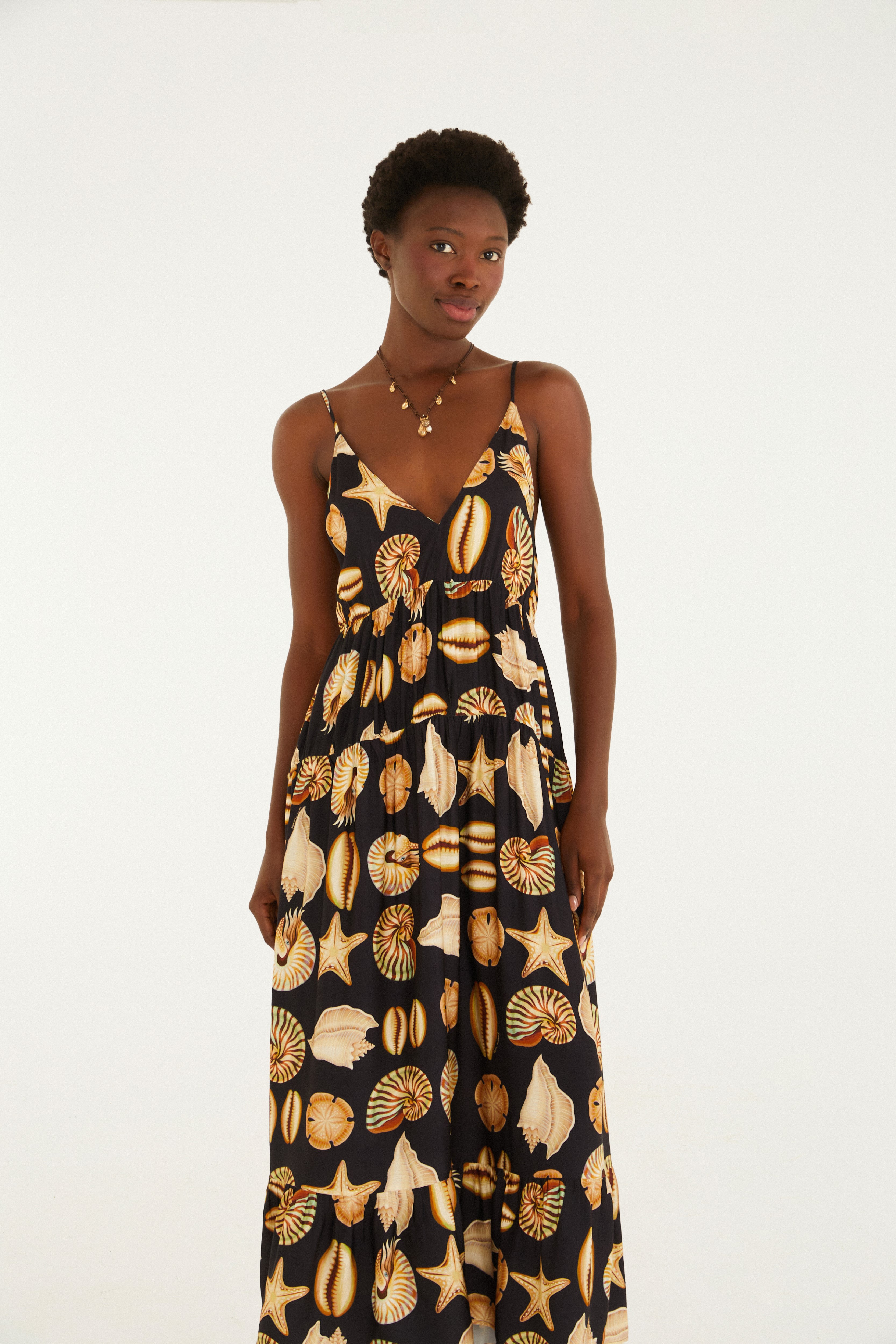 Vestido Alcinhas Estampado Conchas