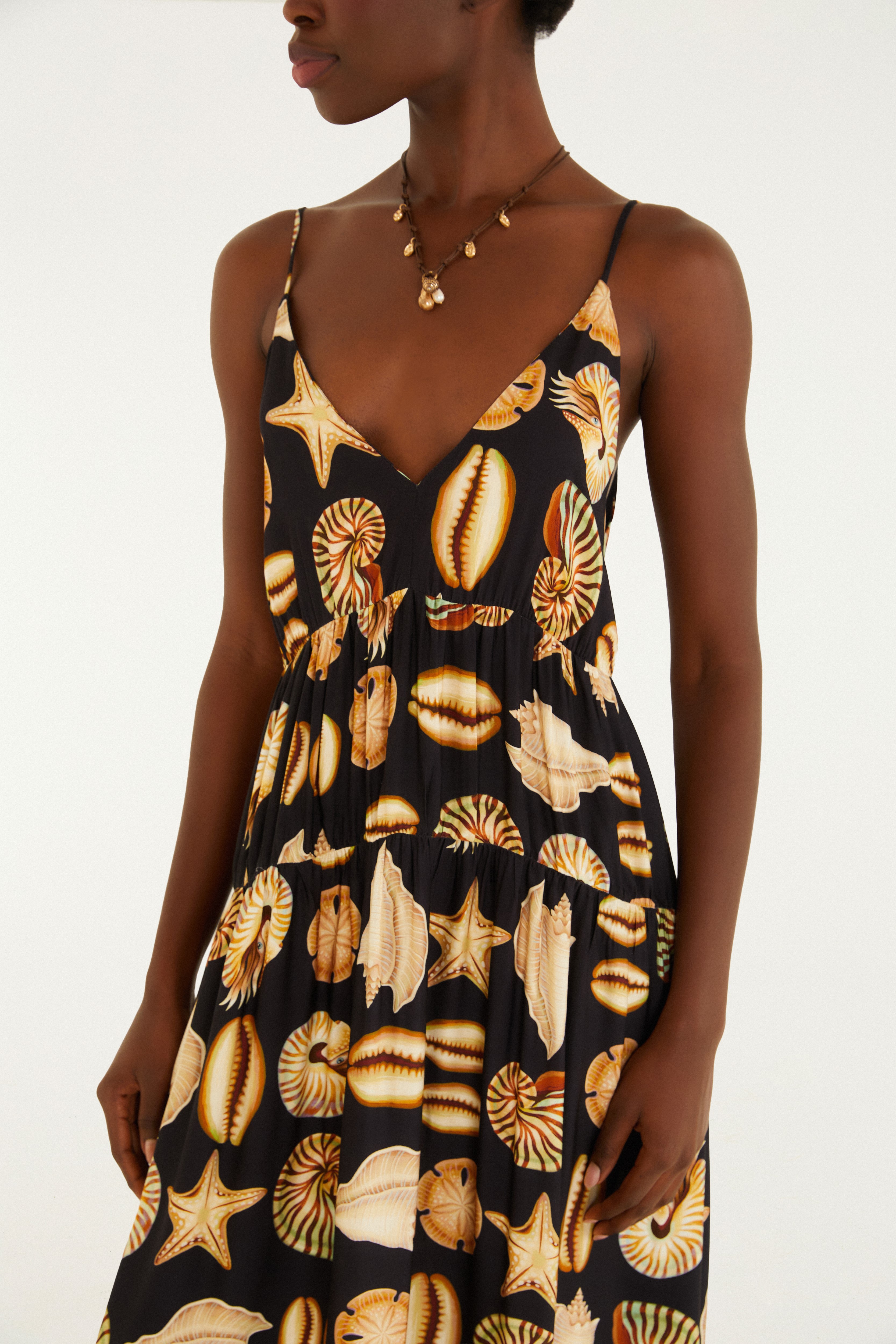 Vestido Alcinhas Estampado Conchas