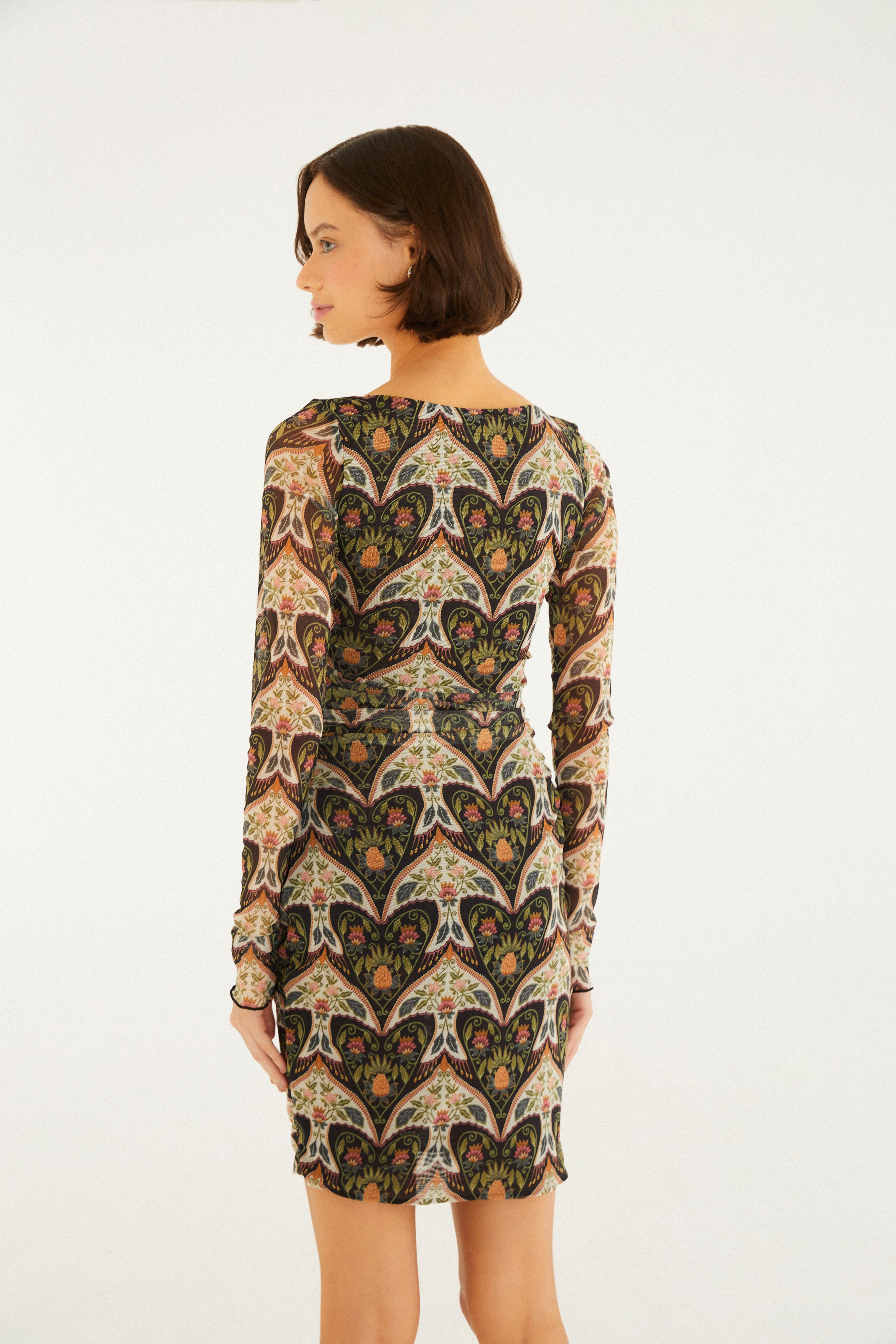 Vestido Tule Curto Estampado Andorinha