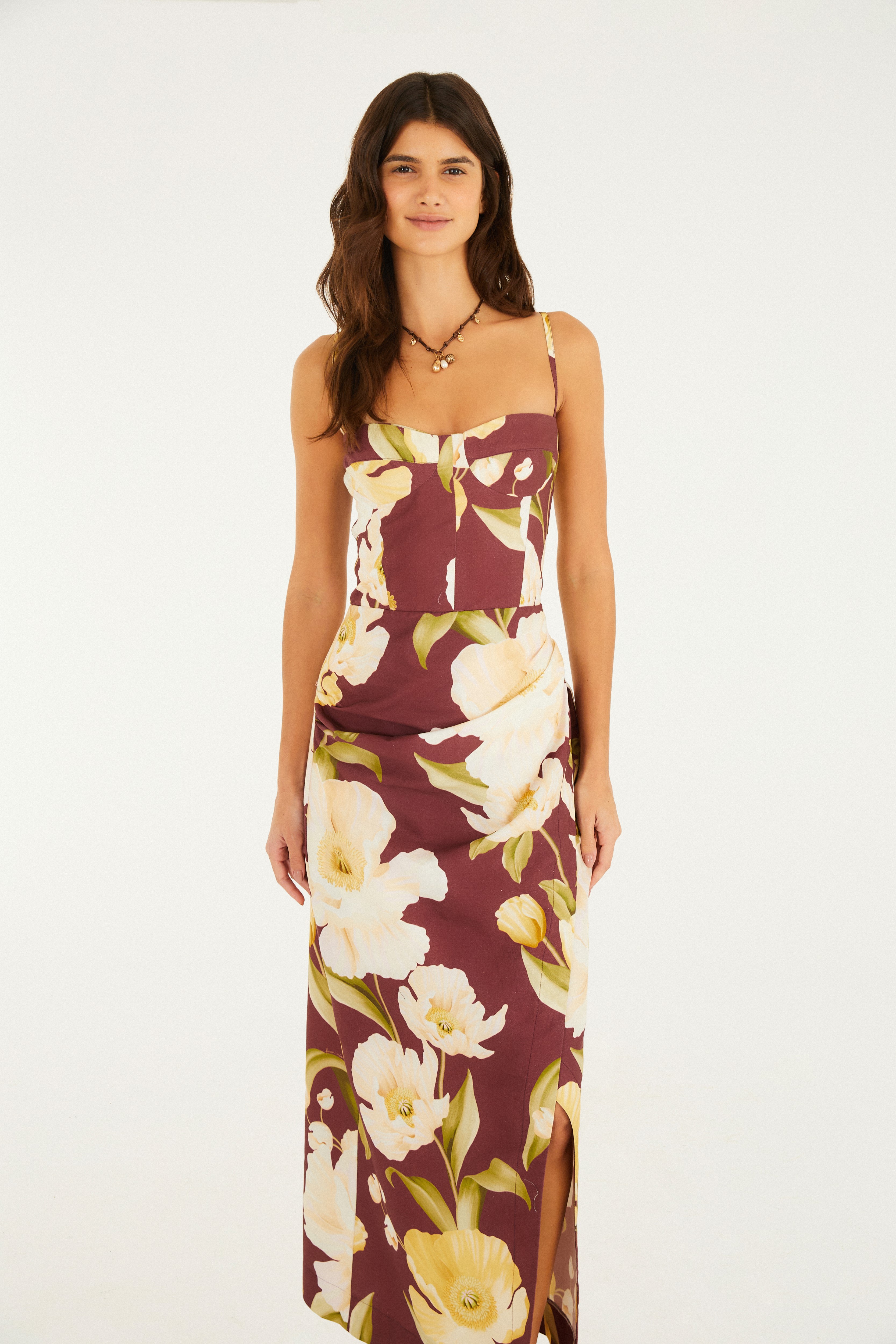Vestido Fenda Estampado Floral Lola