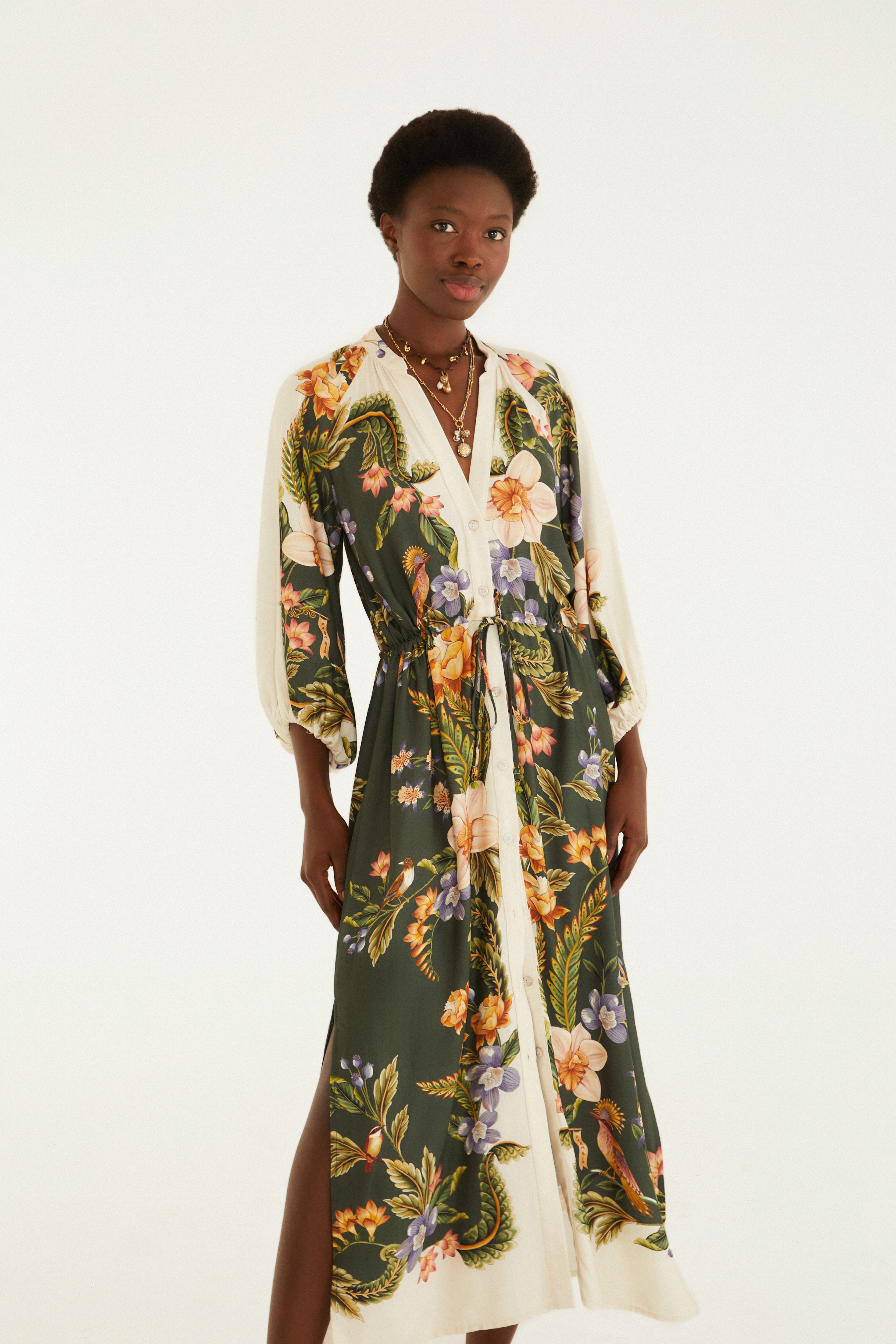 Vestido Midi Estampado Natureza Bege