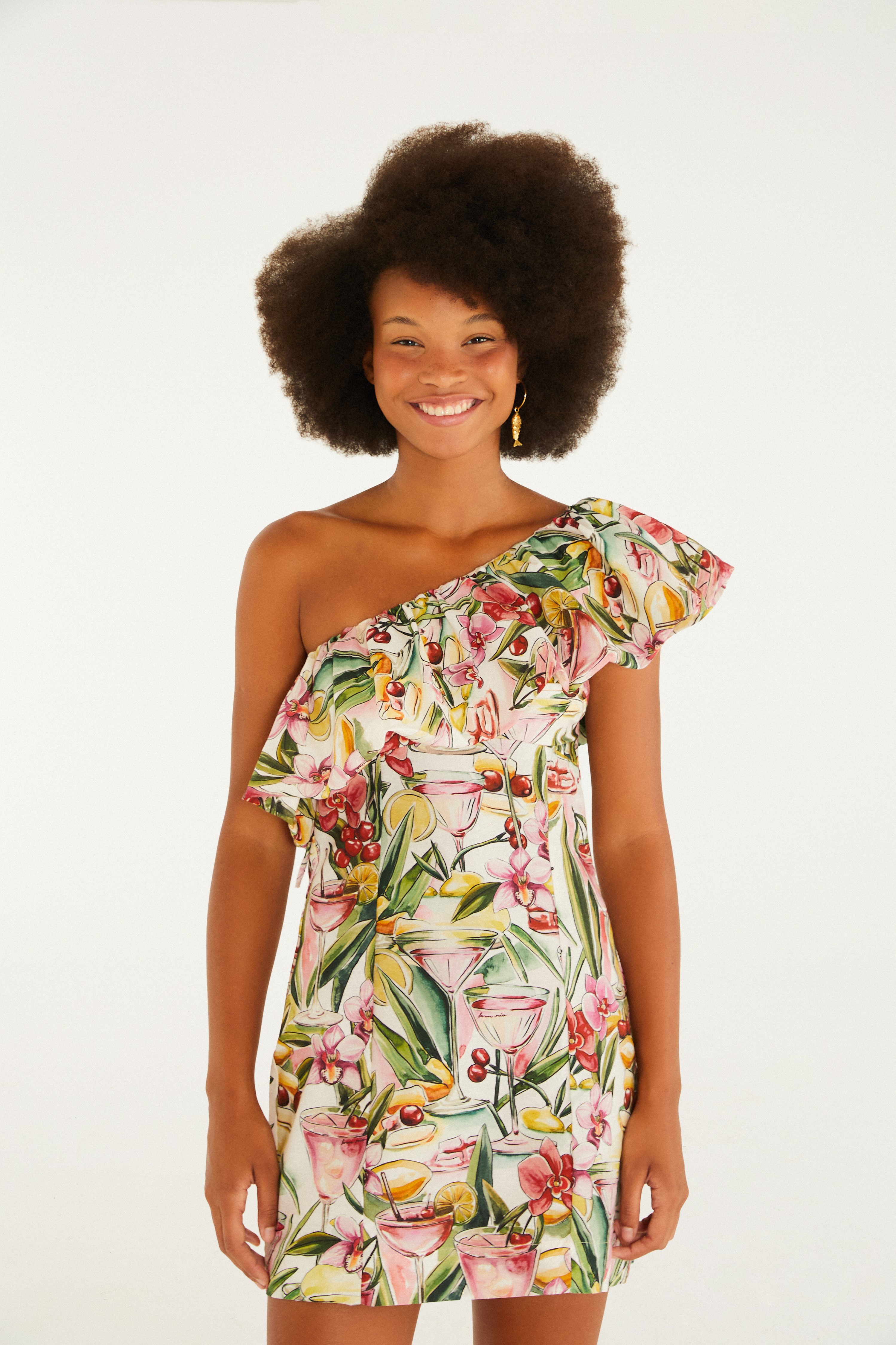 Vestido Curto Balonê  Estampado Drink