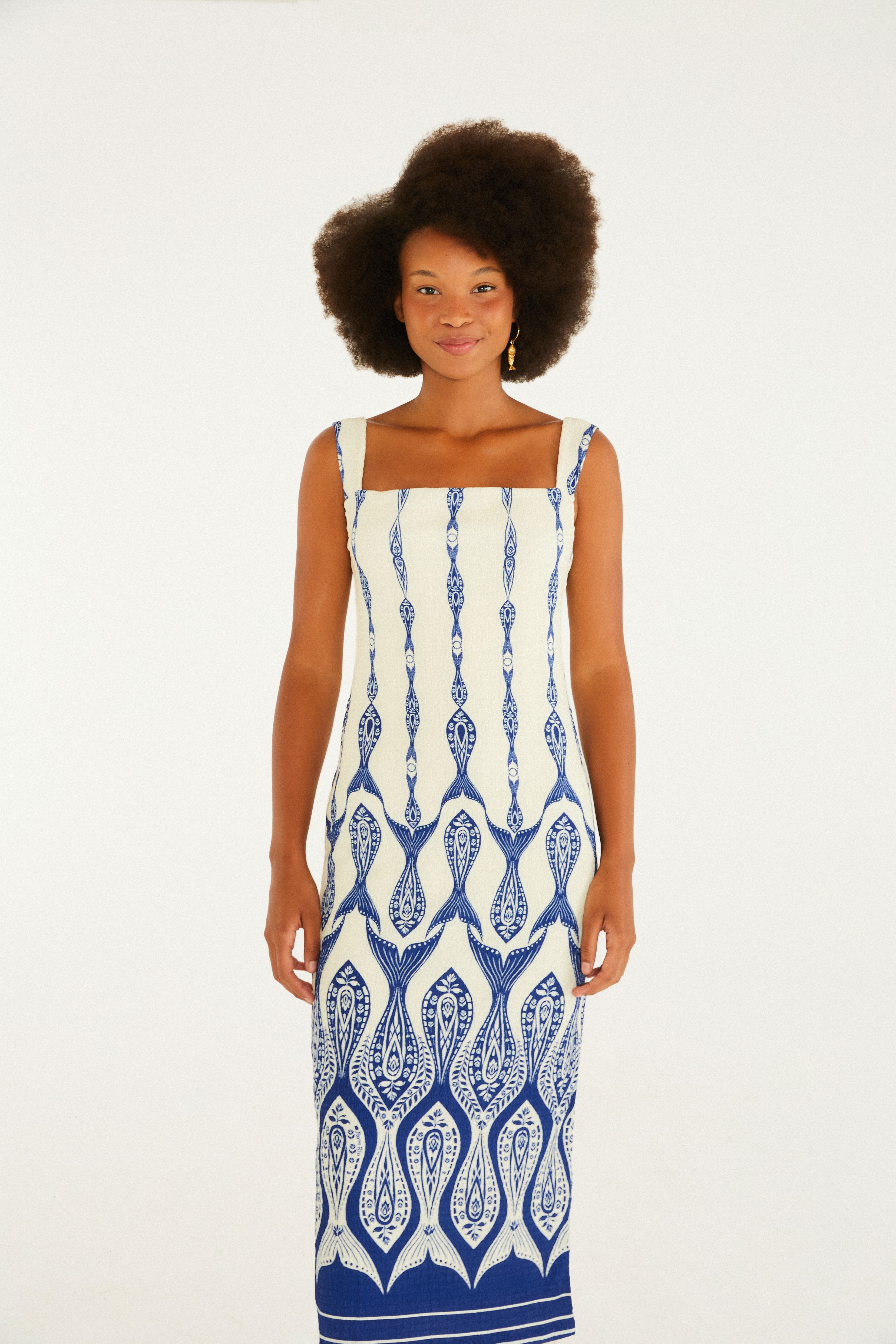 Vestido Alça Estampado Peixe Correnteza