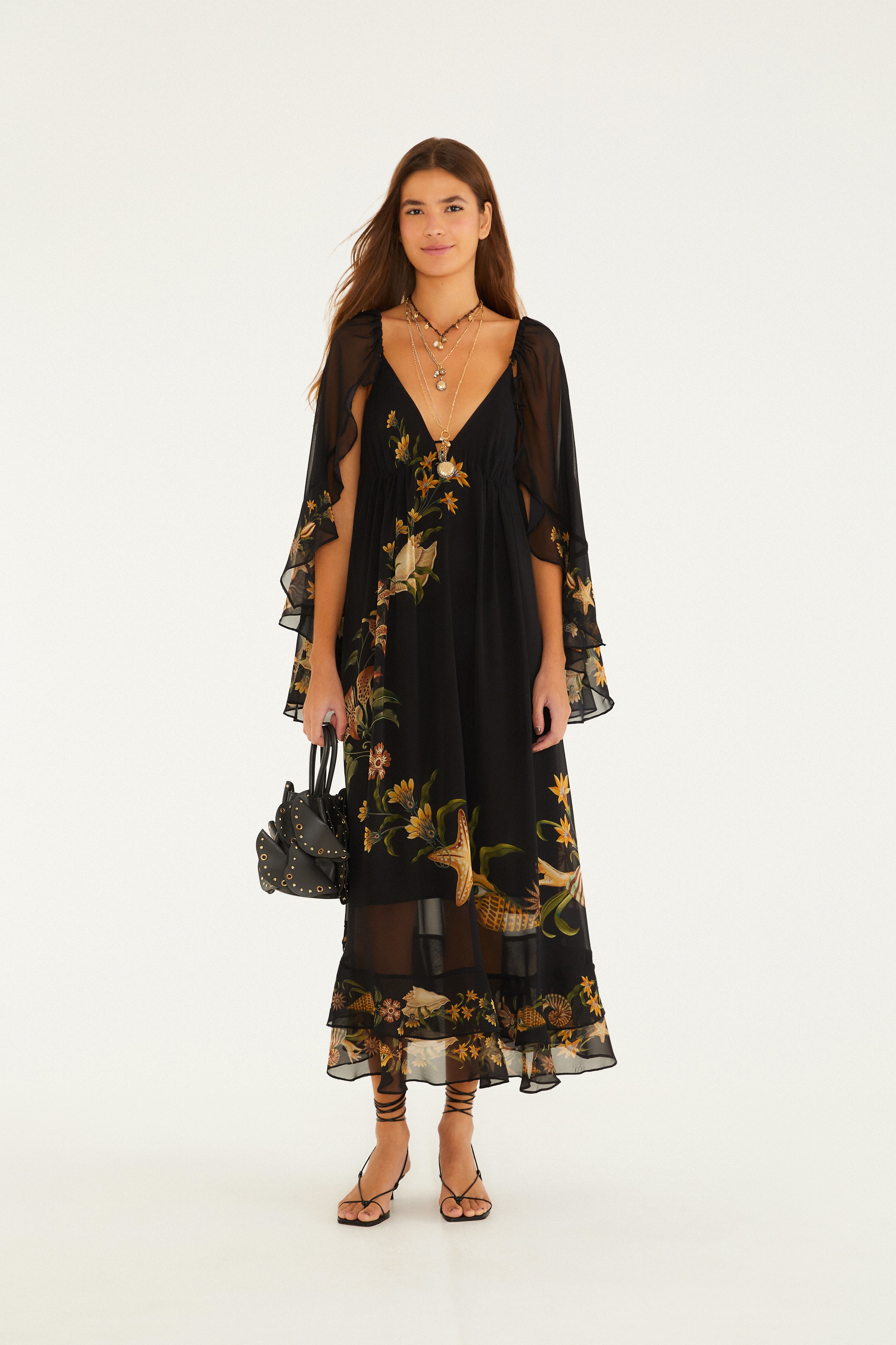 Vestido Longo Estampado Capa Concha Surreal