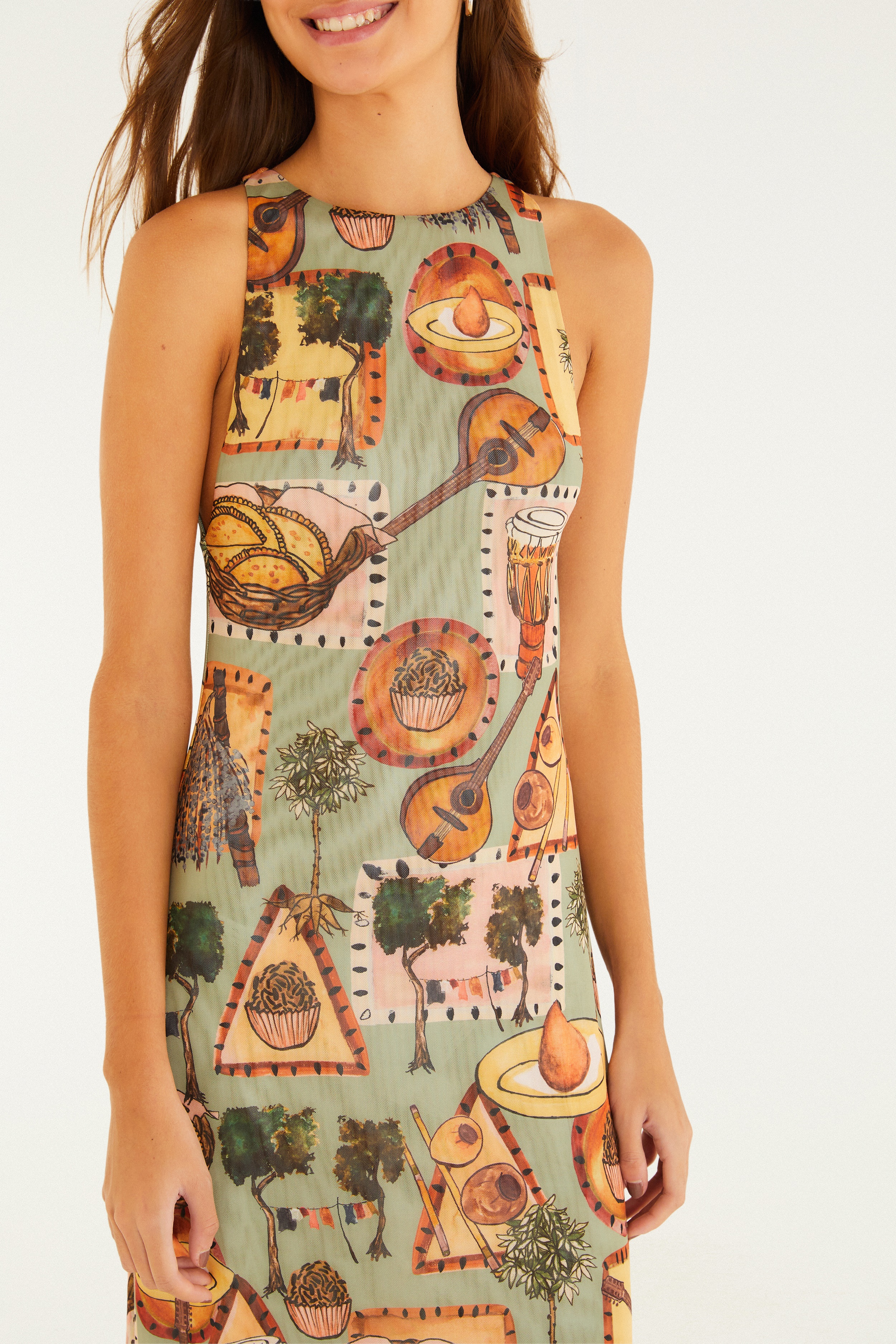 Vestido Tule Reto Estampado Boemia