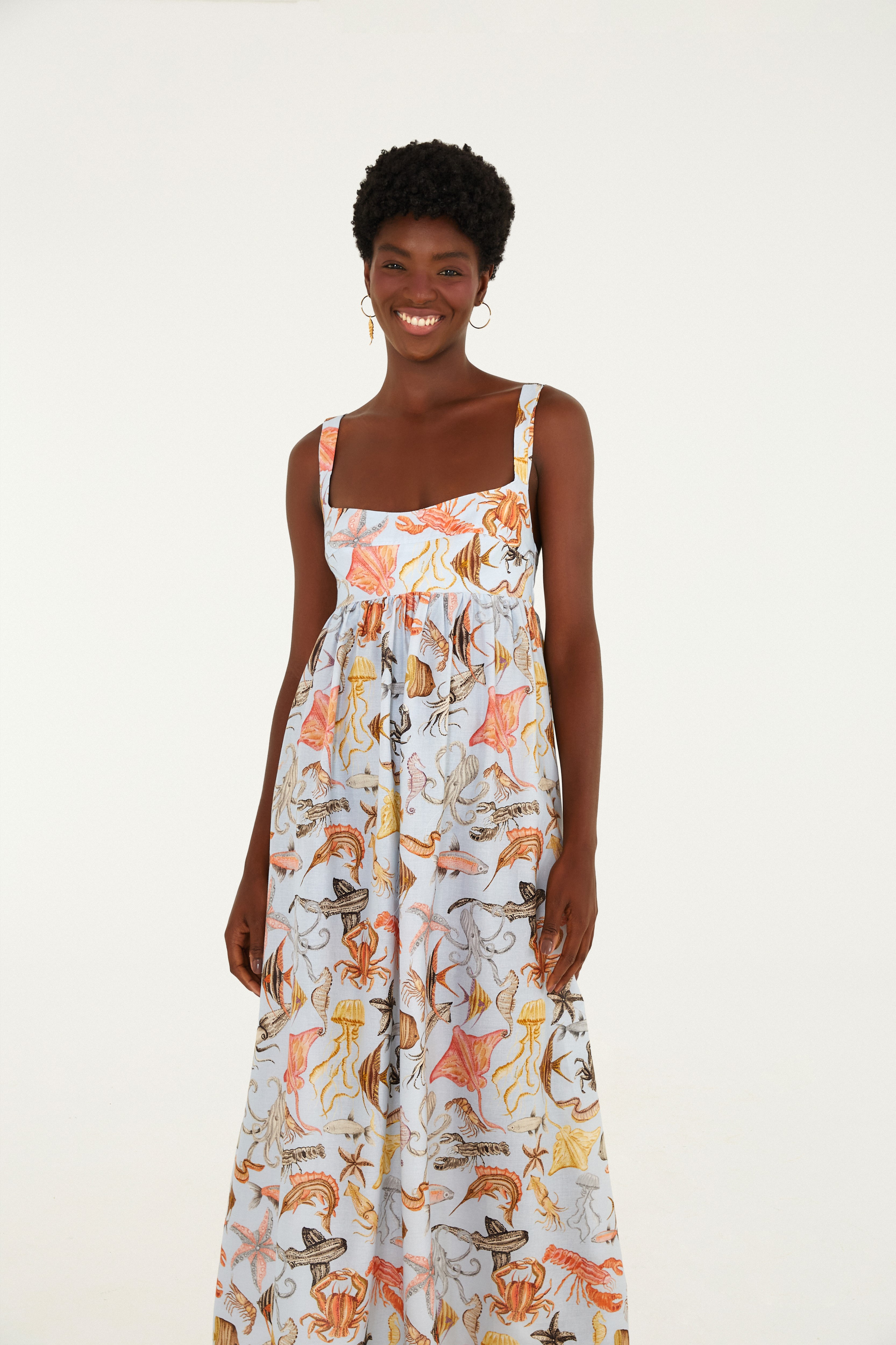 Vestido Alcinhas Estampado Vida Marinha