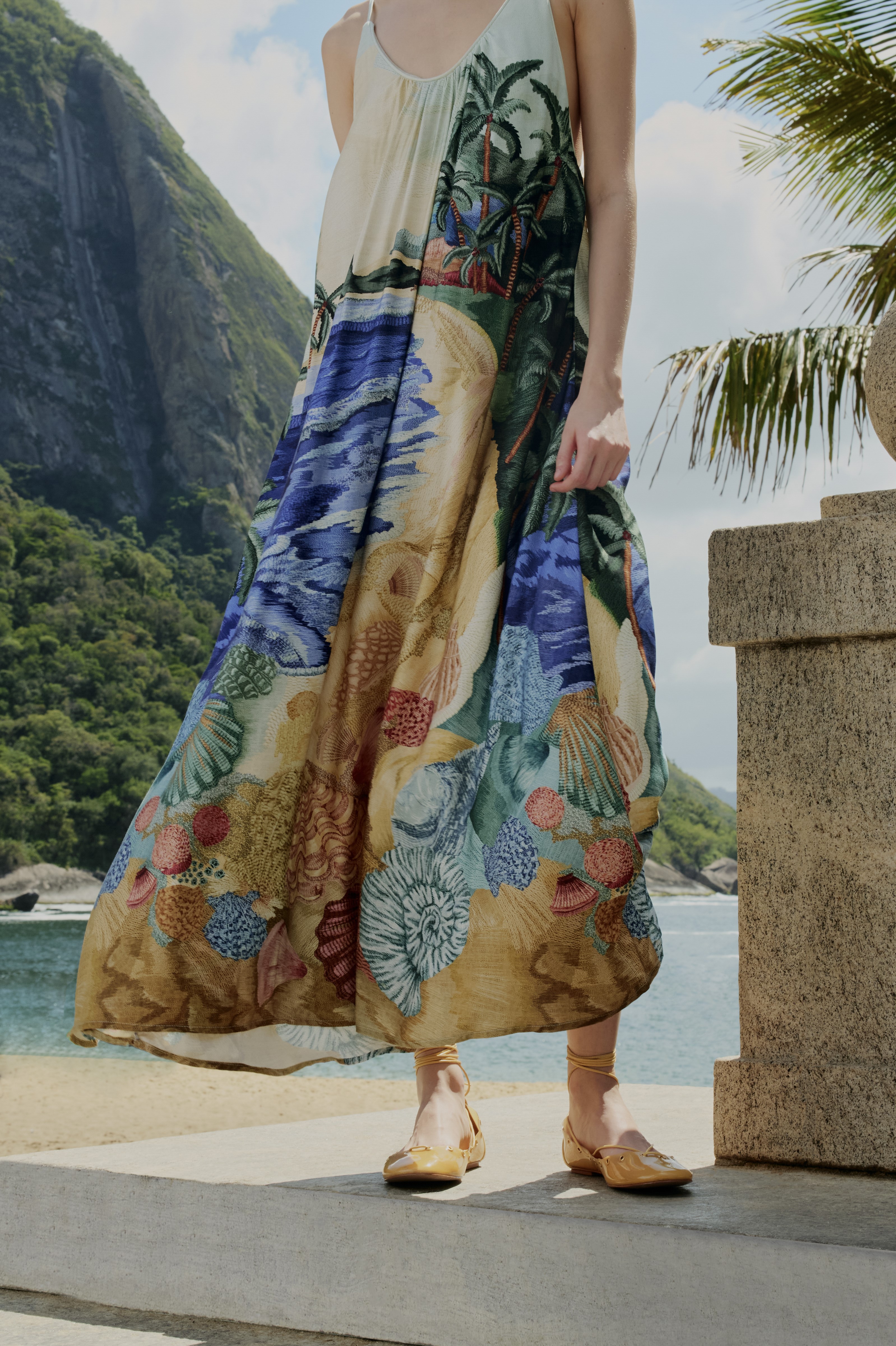 Vestido Longo Estampado Borda Praia