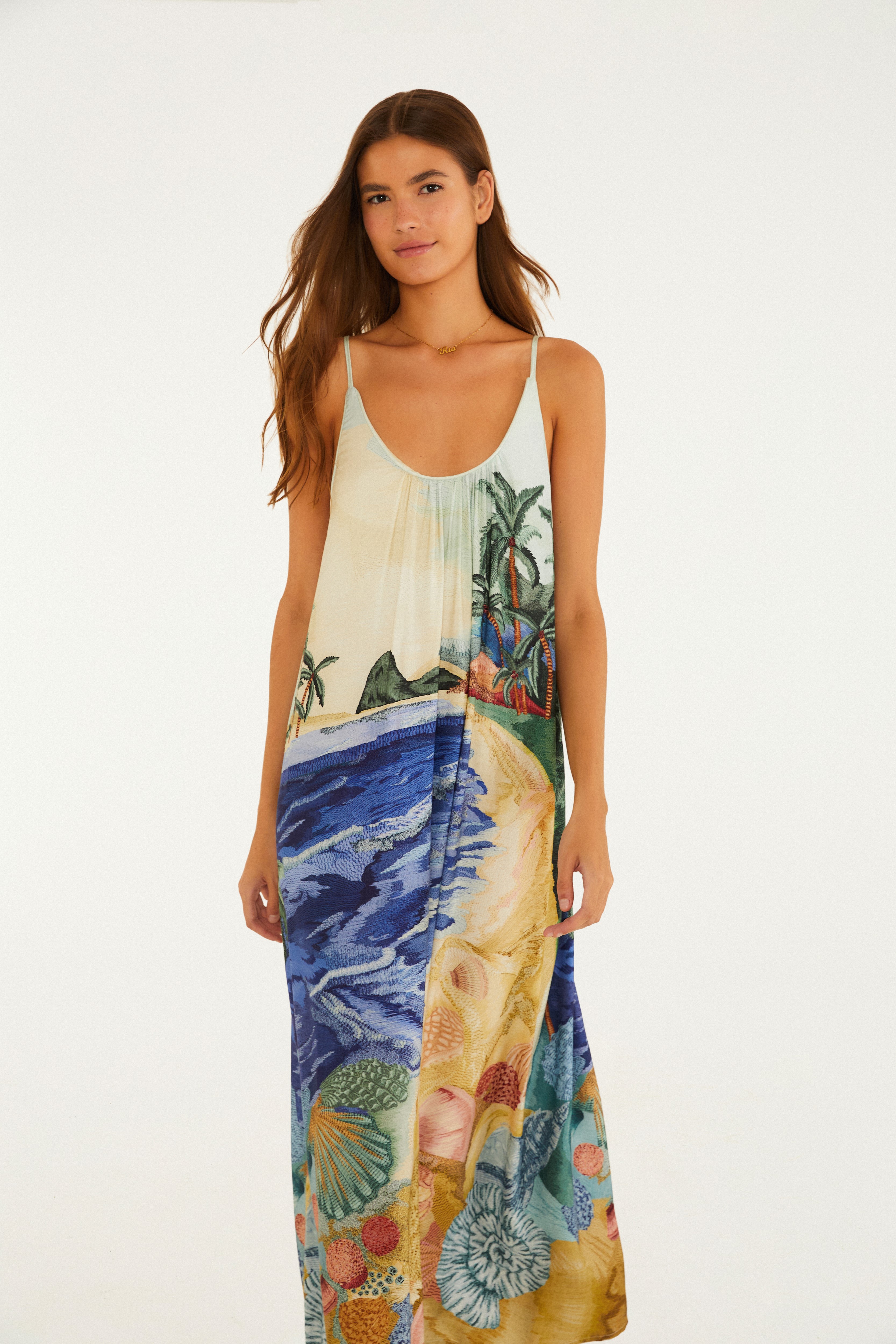 Vestido Longo Estampado Borda Praia