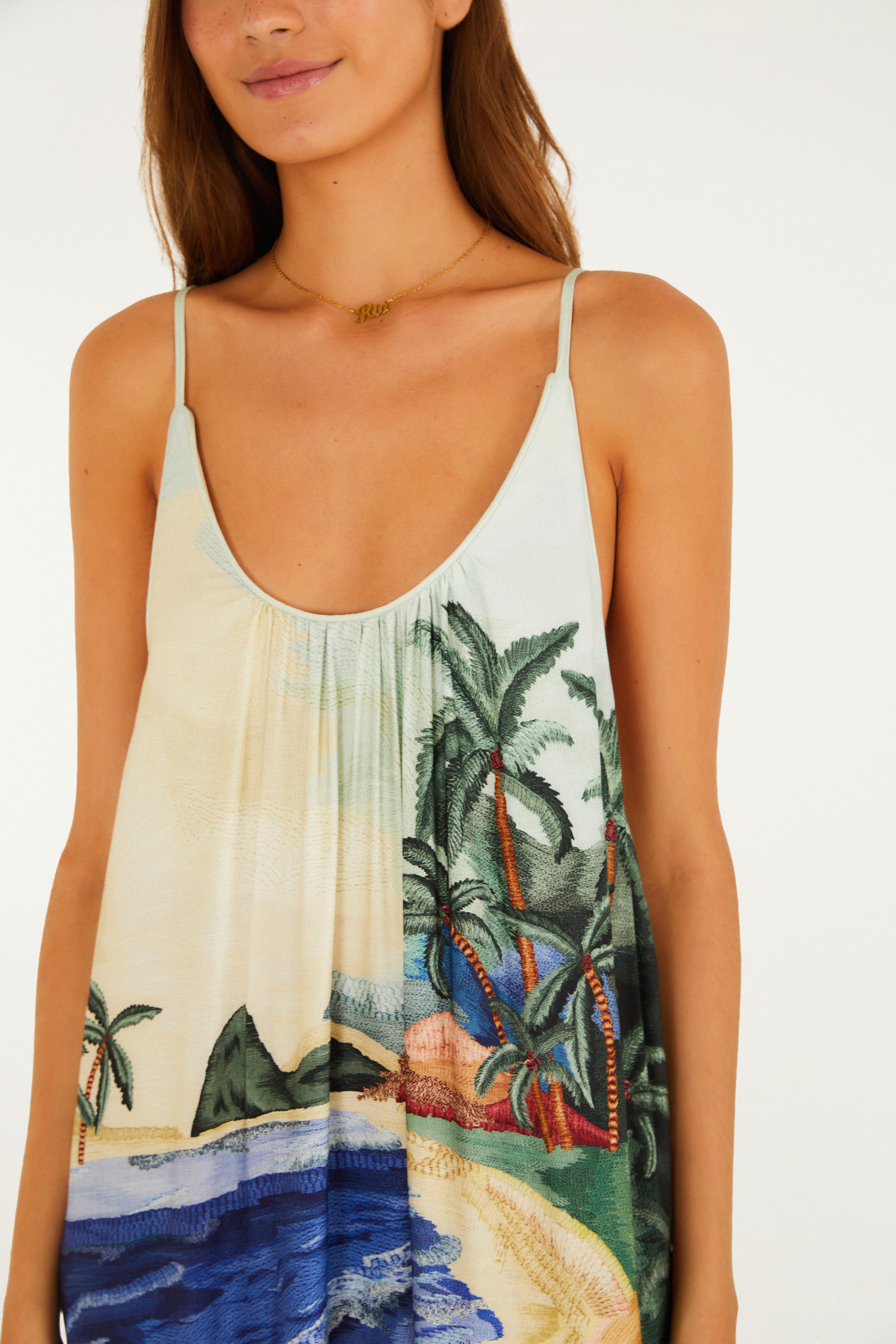 Vestido Longo Estampado Borda Praia