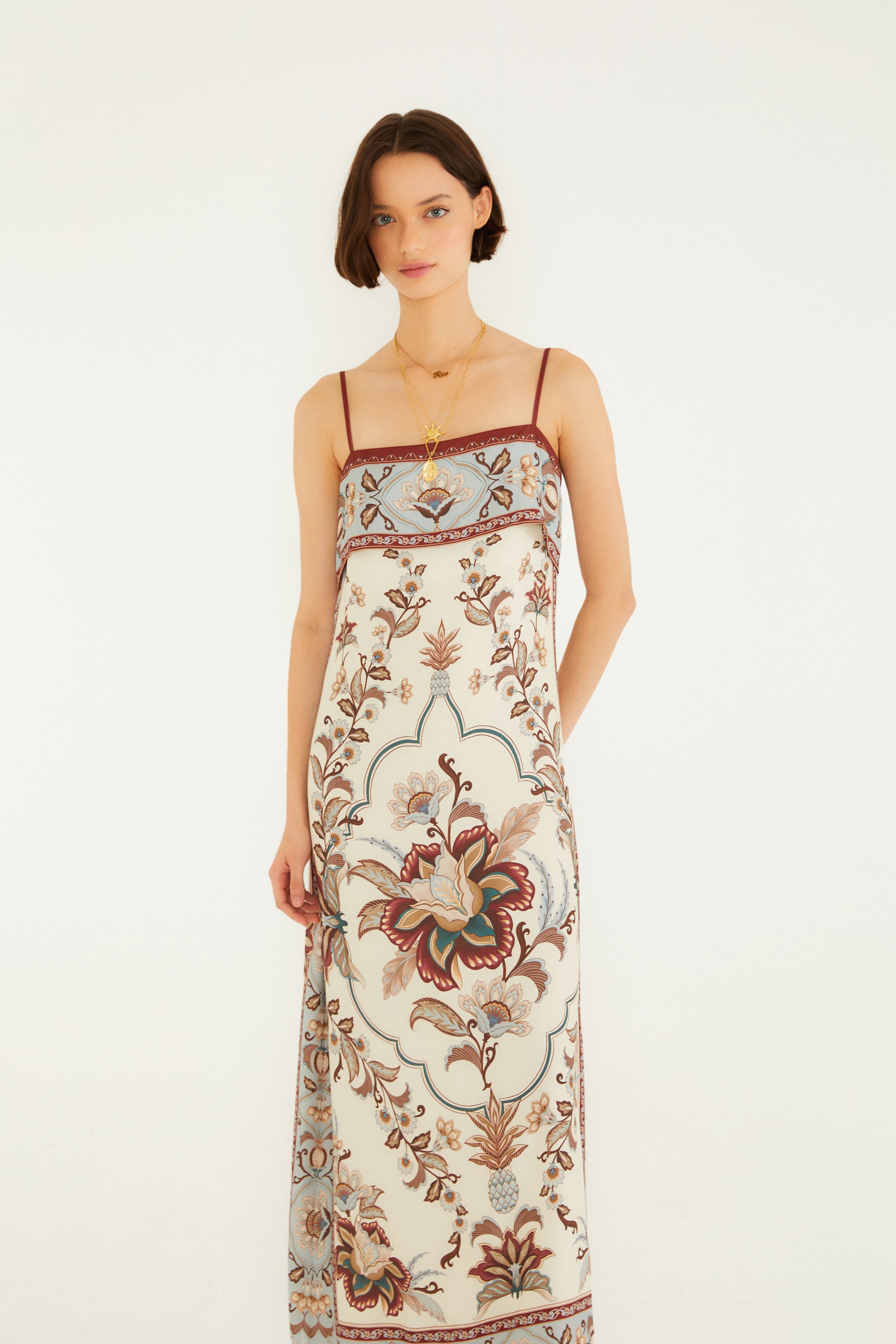 Vestido Longo Pala Estampado Jardim Majestoso