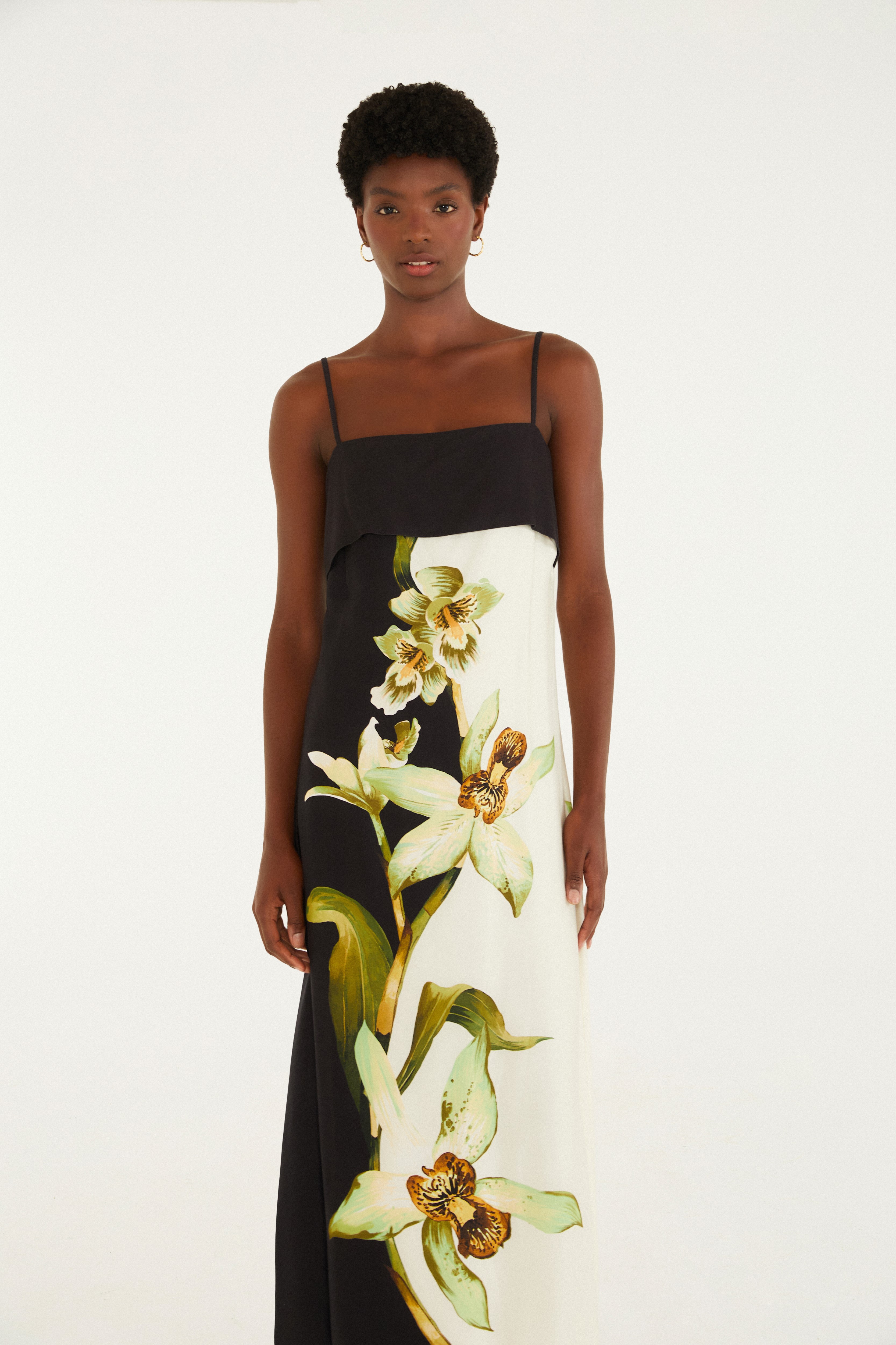 Vestido Longo Pala Estampado Floral Orquídea