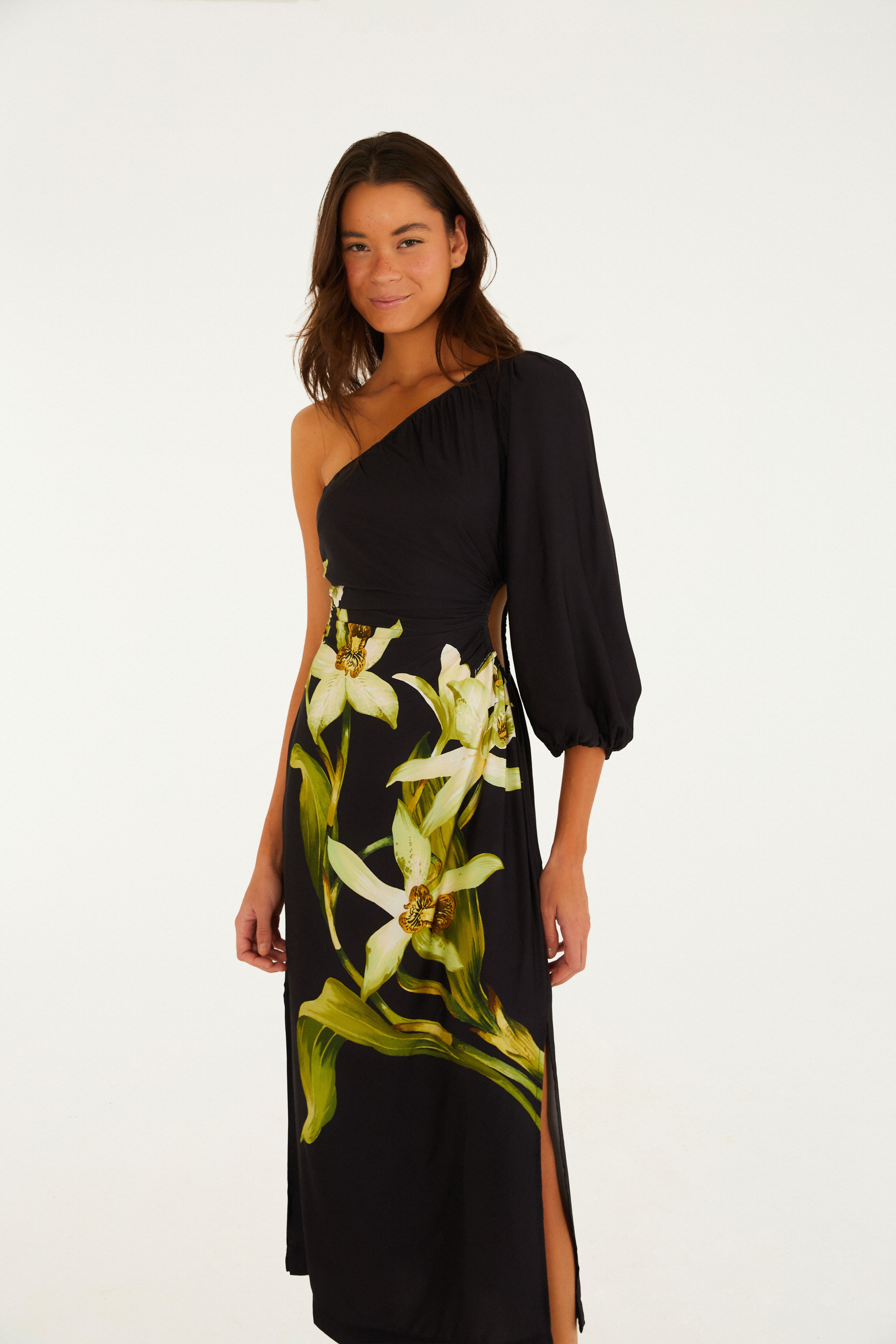 Vestido Midi Estampado Floral Orquídea